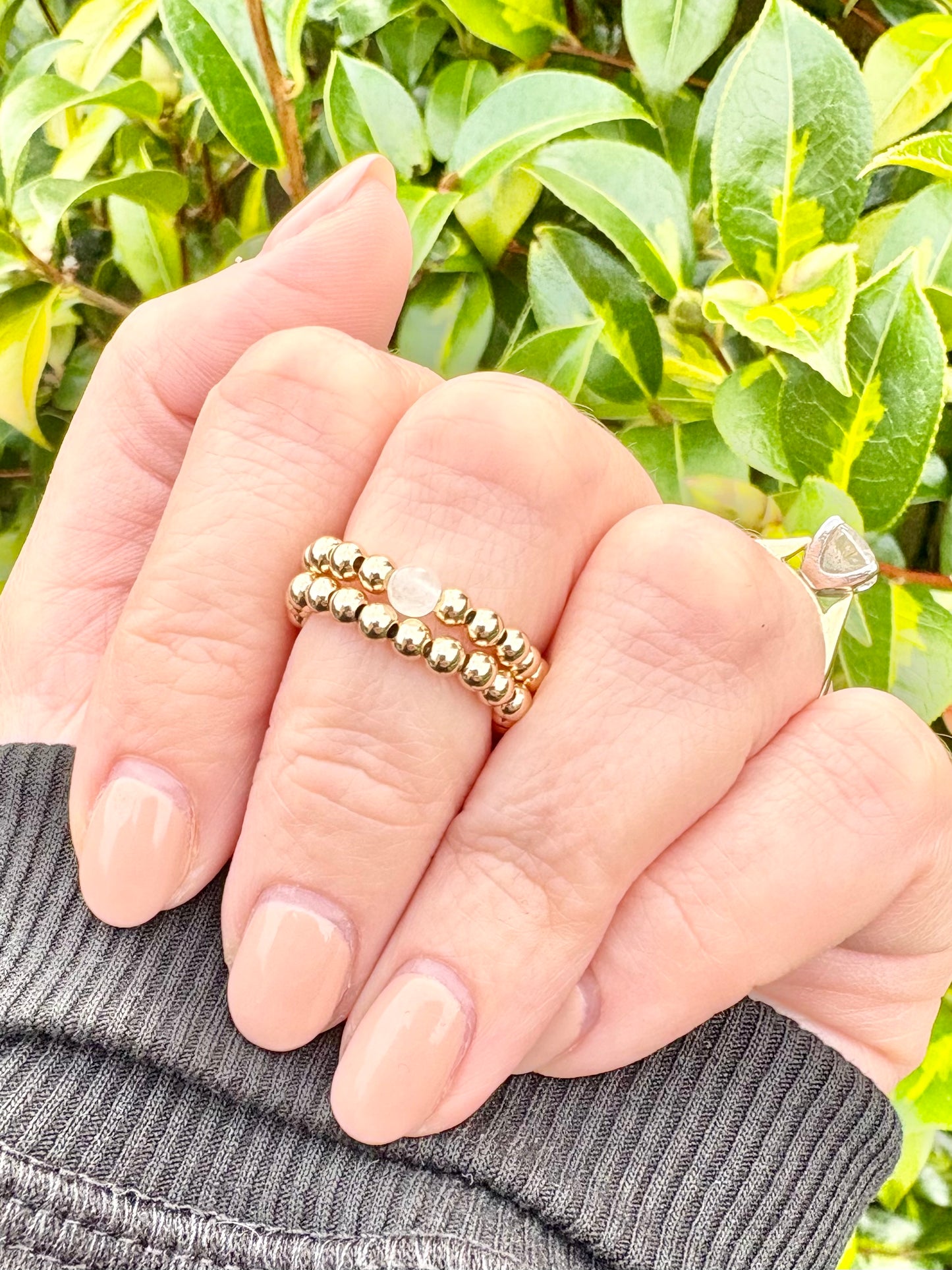 Luxe 14k Gold-filled or Sterling Silver 3mm Beaded Stretch Ring With Moonstone - Perfect For Stacking