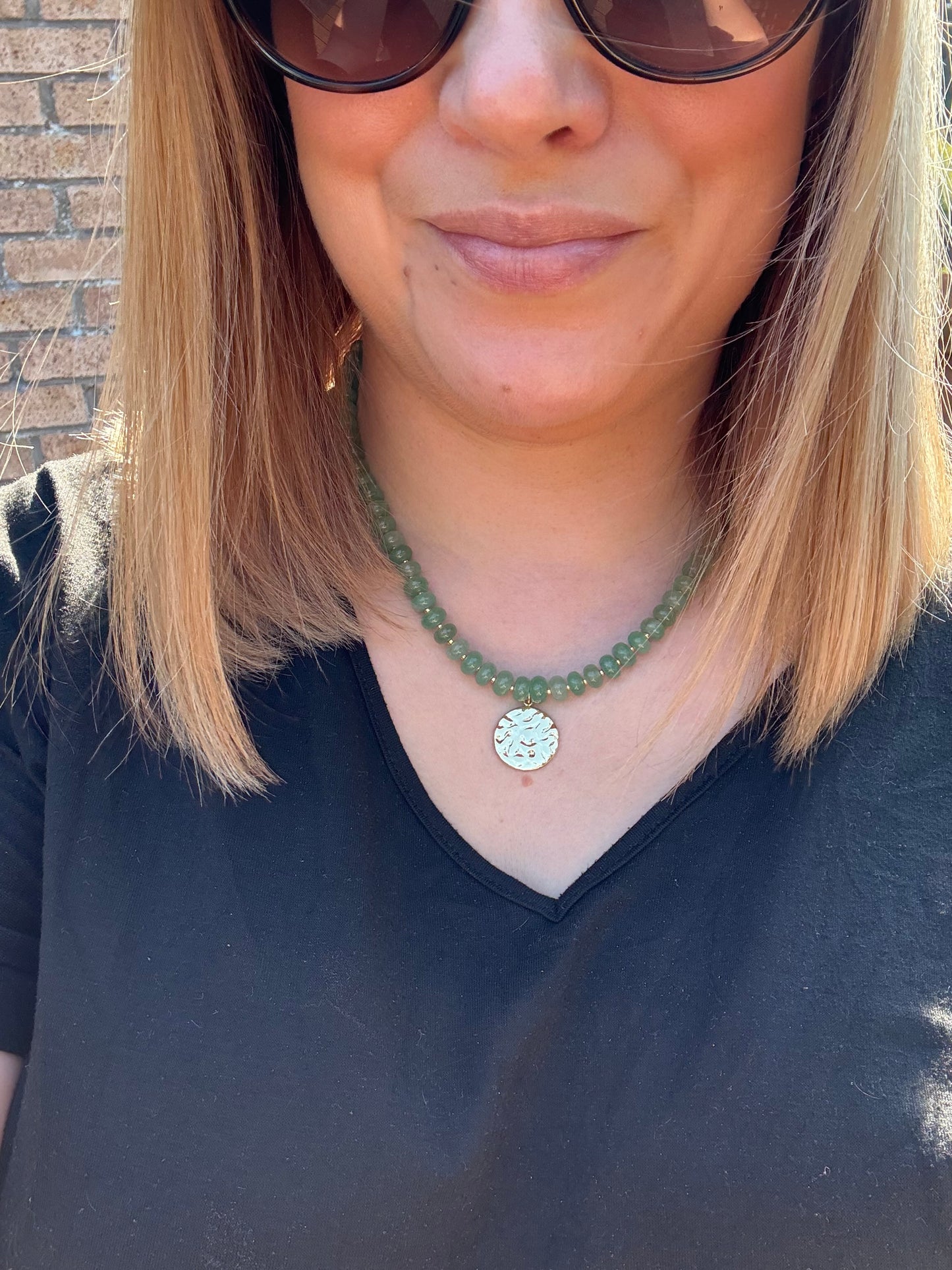 Green Aventurine Rondelle Gemstone Necklace With Disc Charm