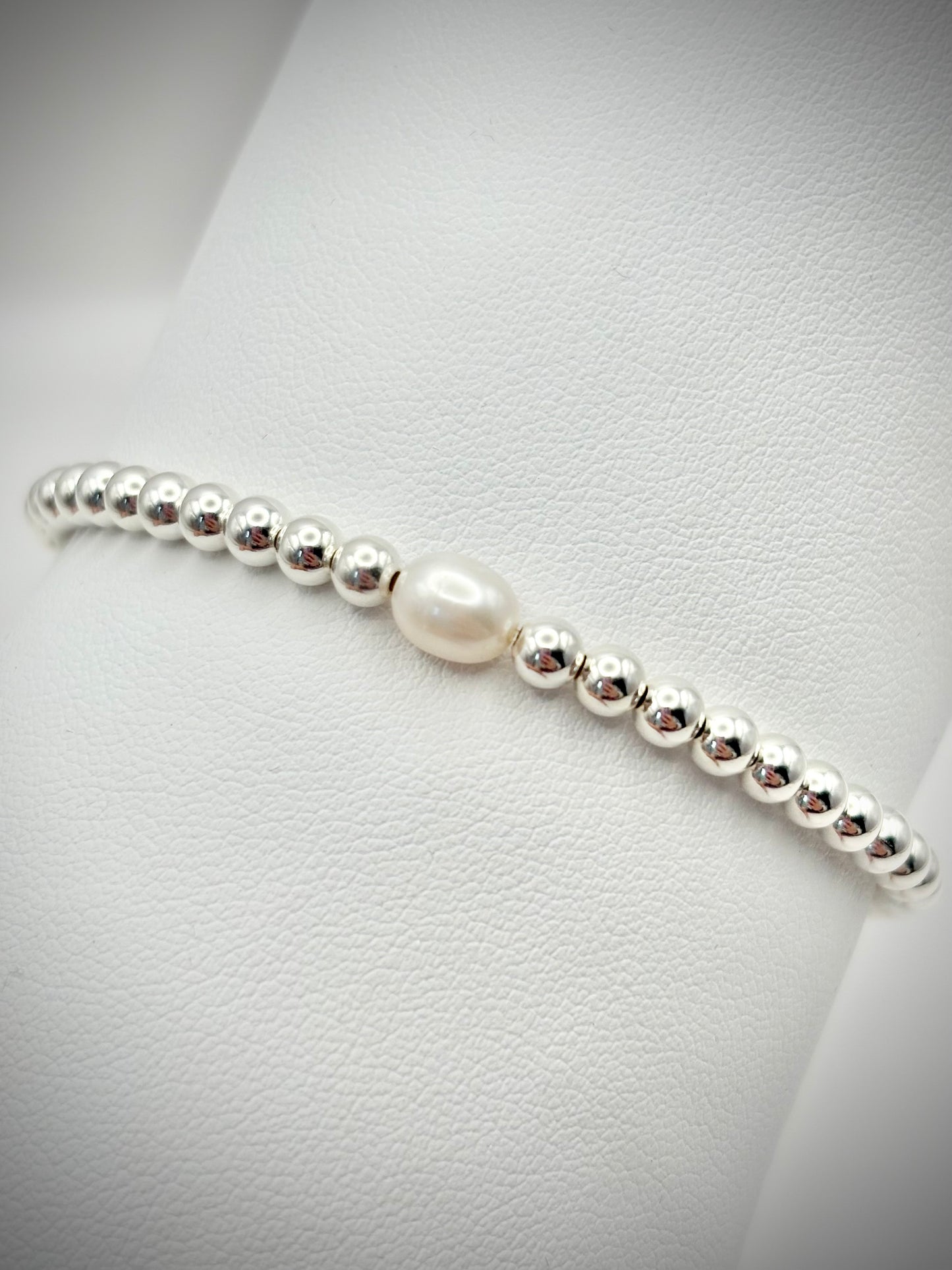 Freshwater Pearl 925 Sterling Silver 4mm Beaded Stretch Bracelet - Perfect For Stacking