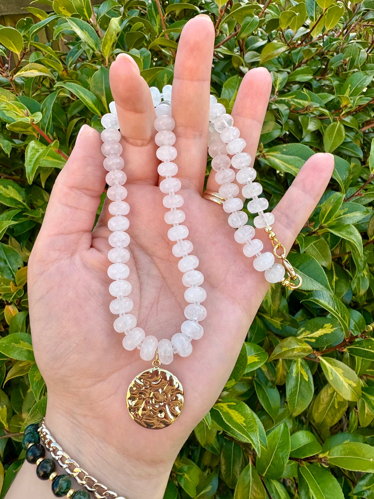 Cloudy Quartz Rondelle Gemstone Necklace With Disc Charm