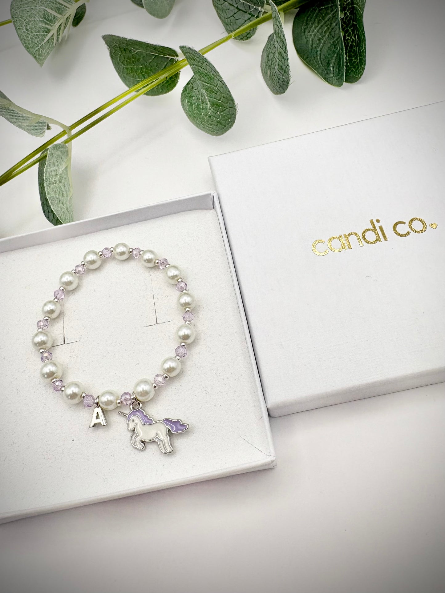 Kids Personalised Pearl, Crystal & Unicorn Charm Bracelet Silver