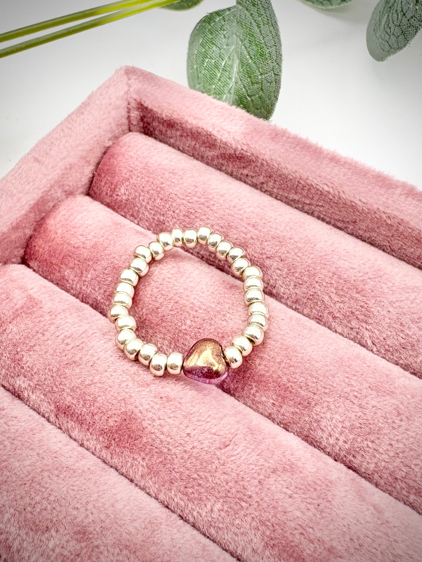 Silver 3mm Seed Beaded Stretch Ring with Czech Glass Heart Bead - Perfect For Stacking