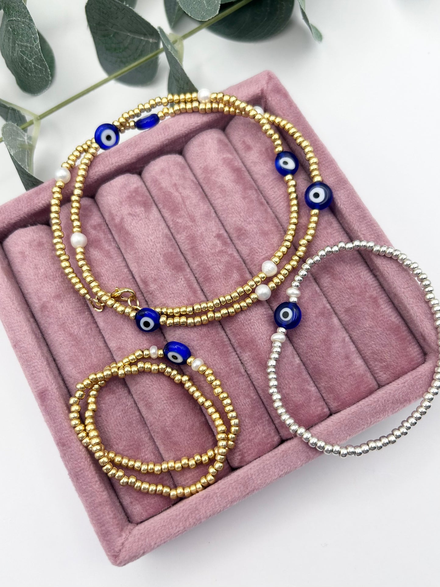 Seed Bead Evil Eye Freshwater Pearl Bracelet Gold or Silver-Plated