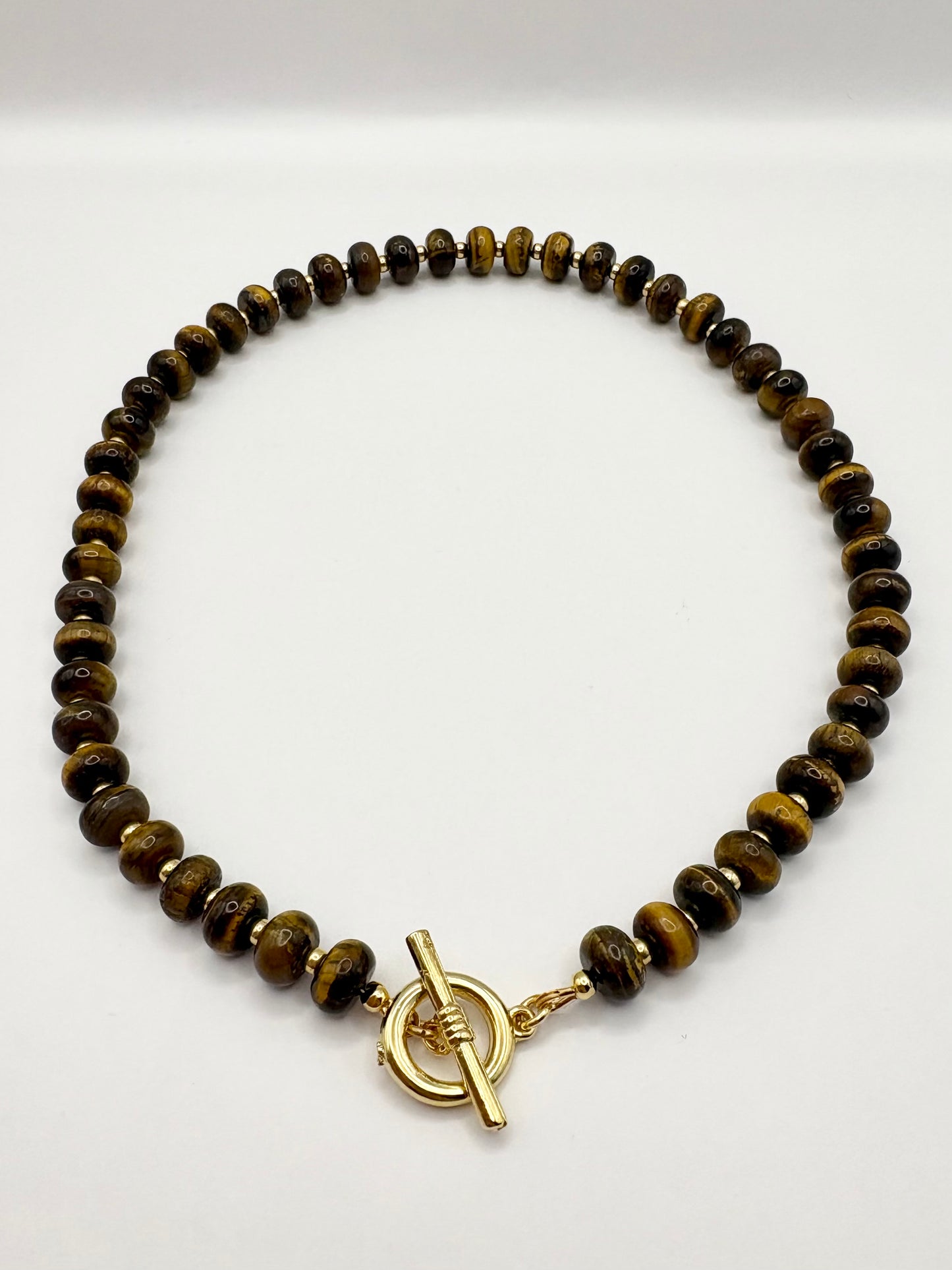 Tiger's Eye Rondelle Beaded Gemstone Necklace With Toggle Clasp - Gold-Plated