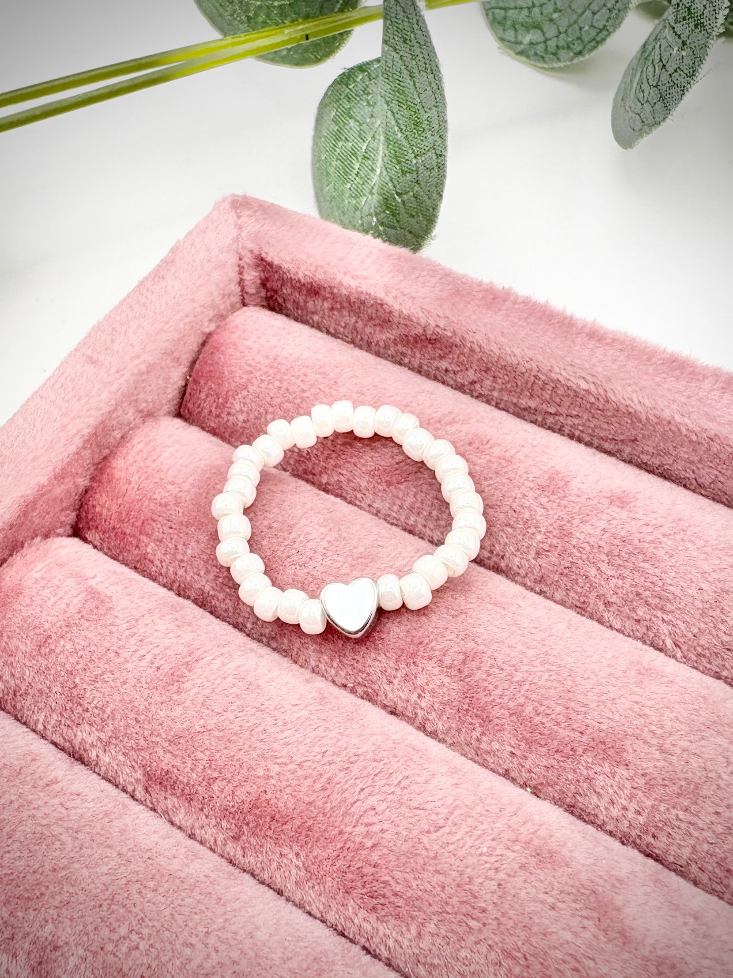 Pearl 3mm Seed Beaded Stretch Ring with Silver-Plated Heart Bead - Perfect For Stacking