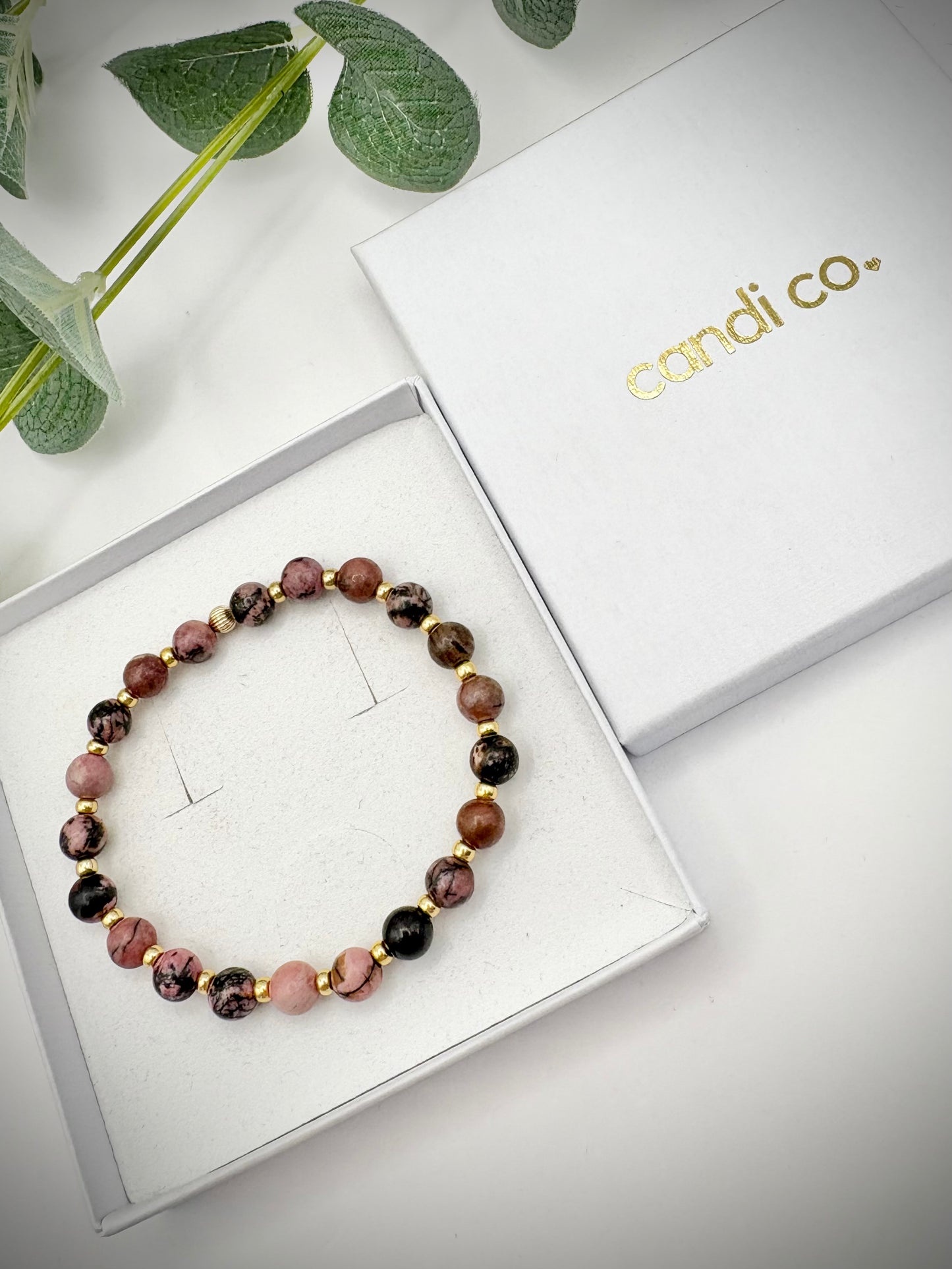 Rhodonite Gemstone and Gold Seed Beaded Stretch Bracelet