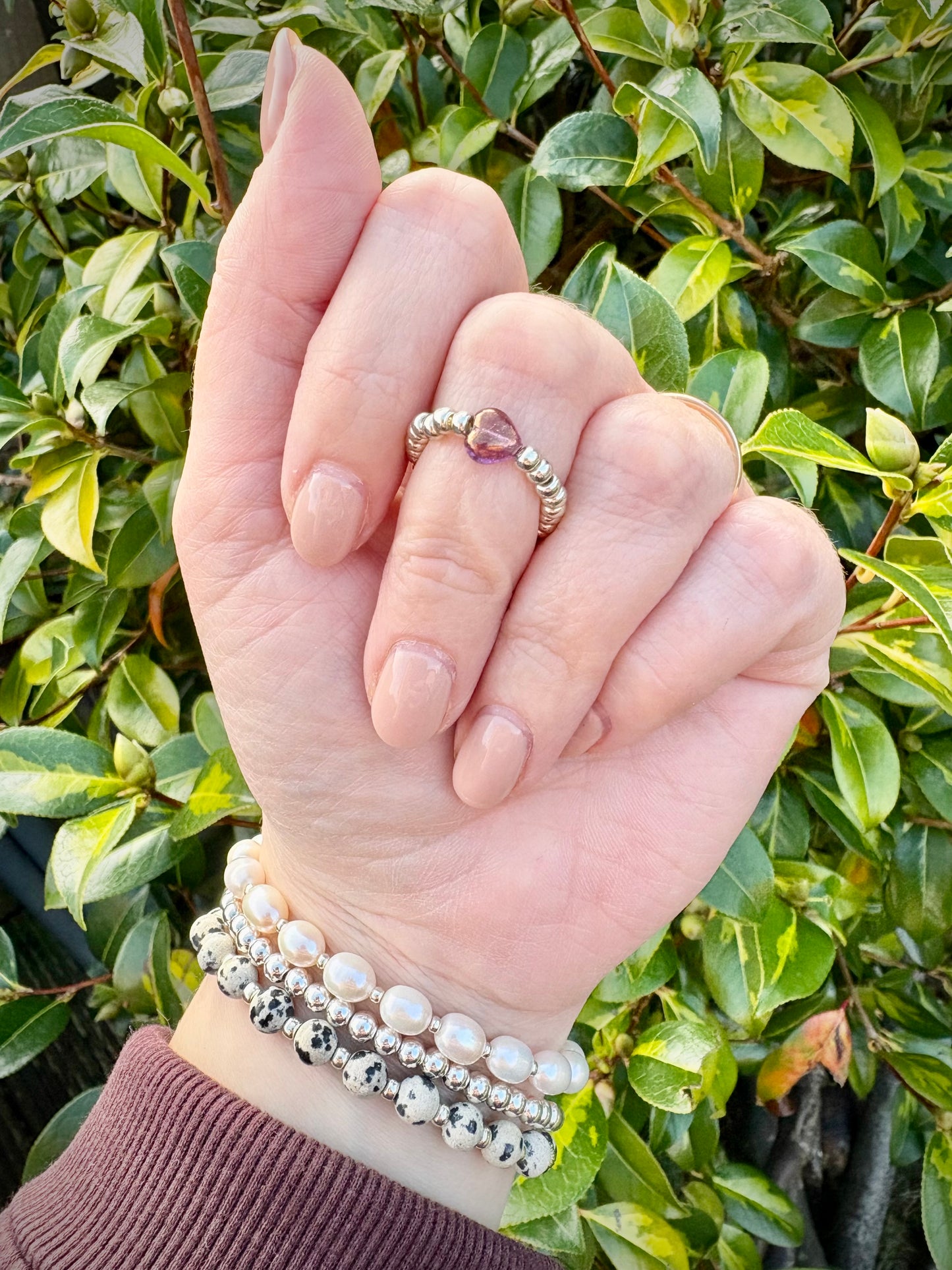 Silver 3mm Seed Beaded Stretch Ring with Czech Glass Heart Bead - Perfect For Stacking