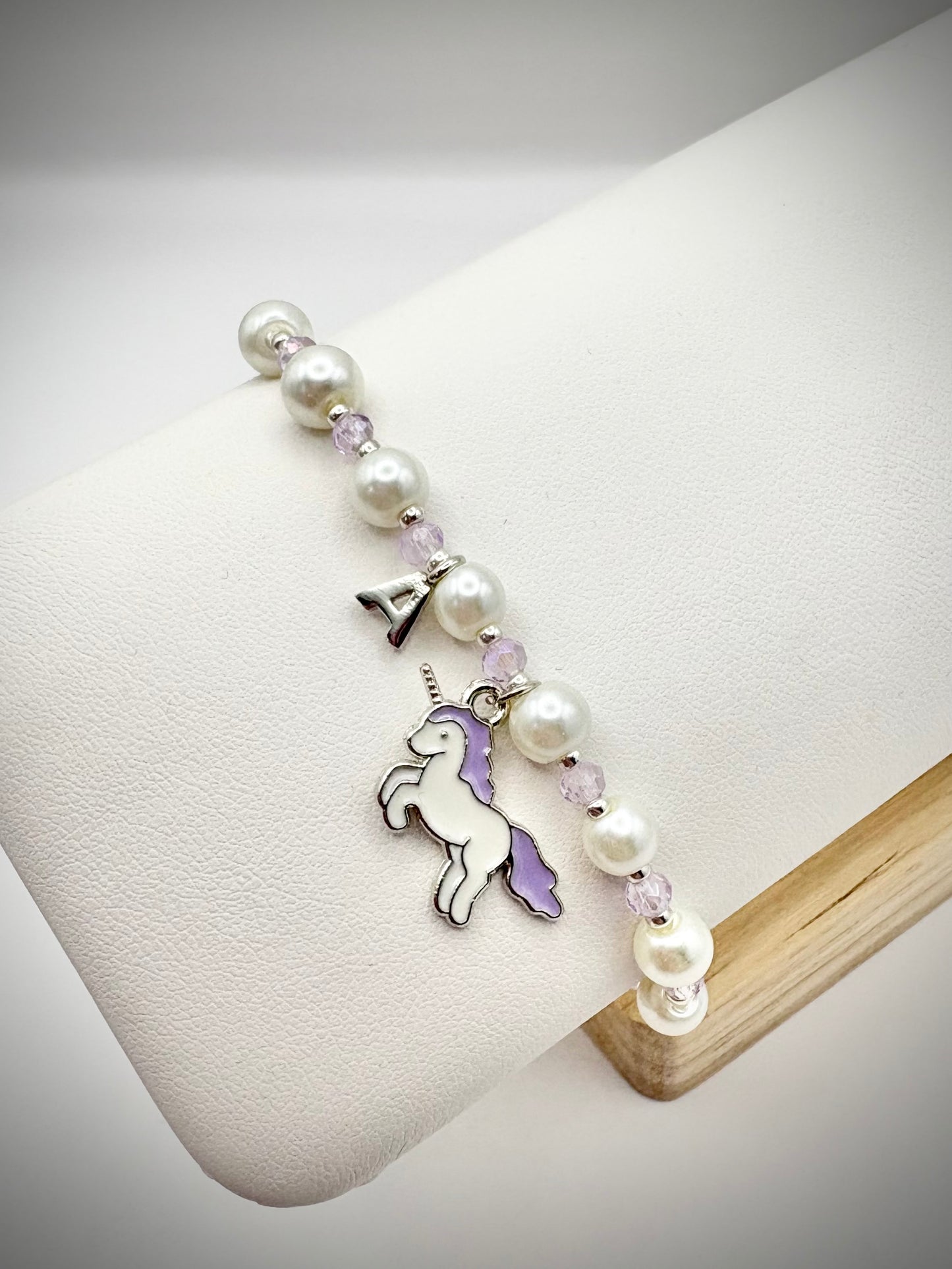 Kids Personalised Pearl, Crystal & Unicorn Charm Bracelet Silver