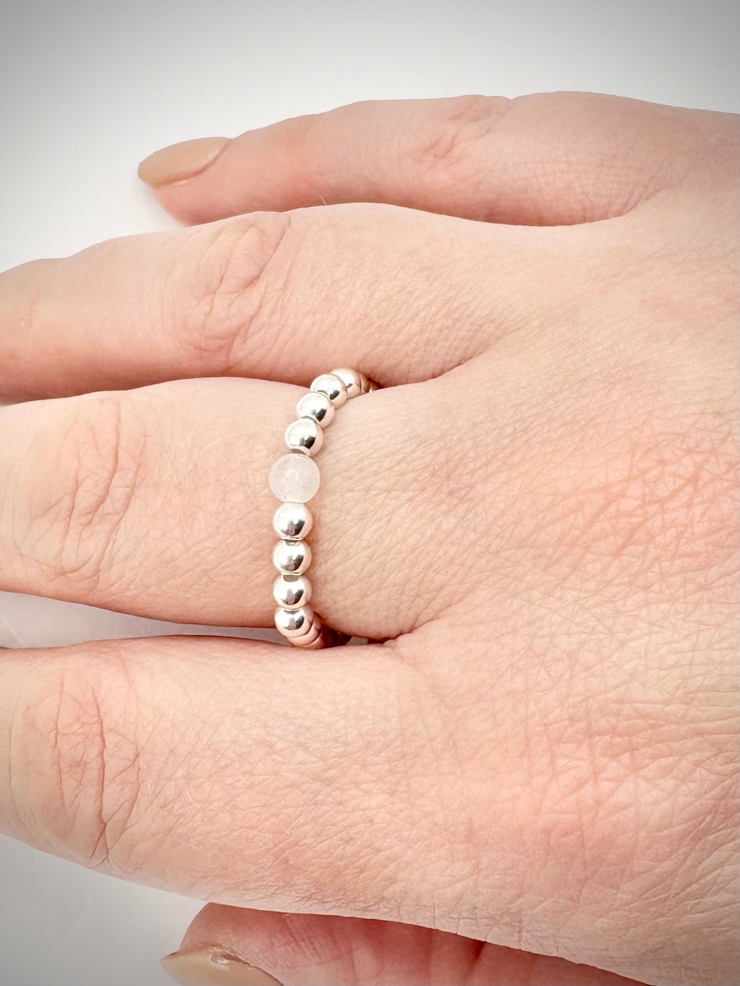 Luxe 925 Sterling Silver 3mm Beaded Stretch Ring With Moonstone - Perfect For Stacking