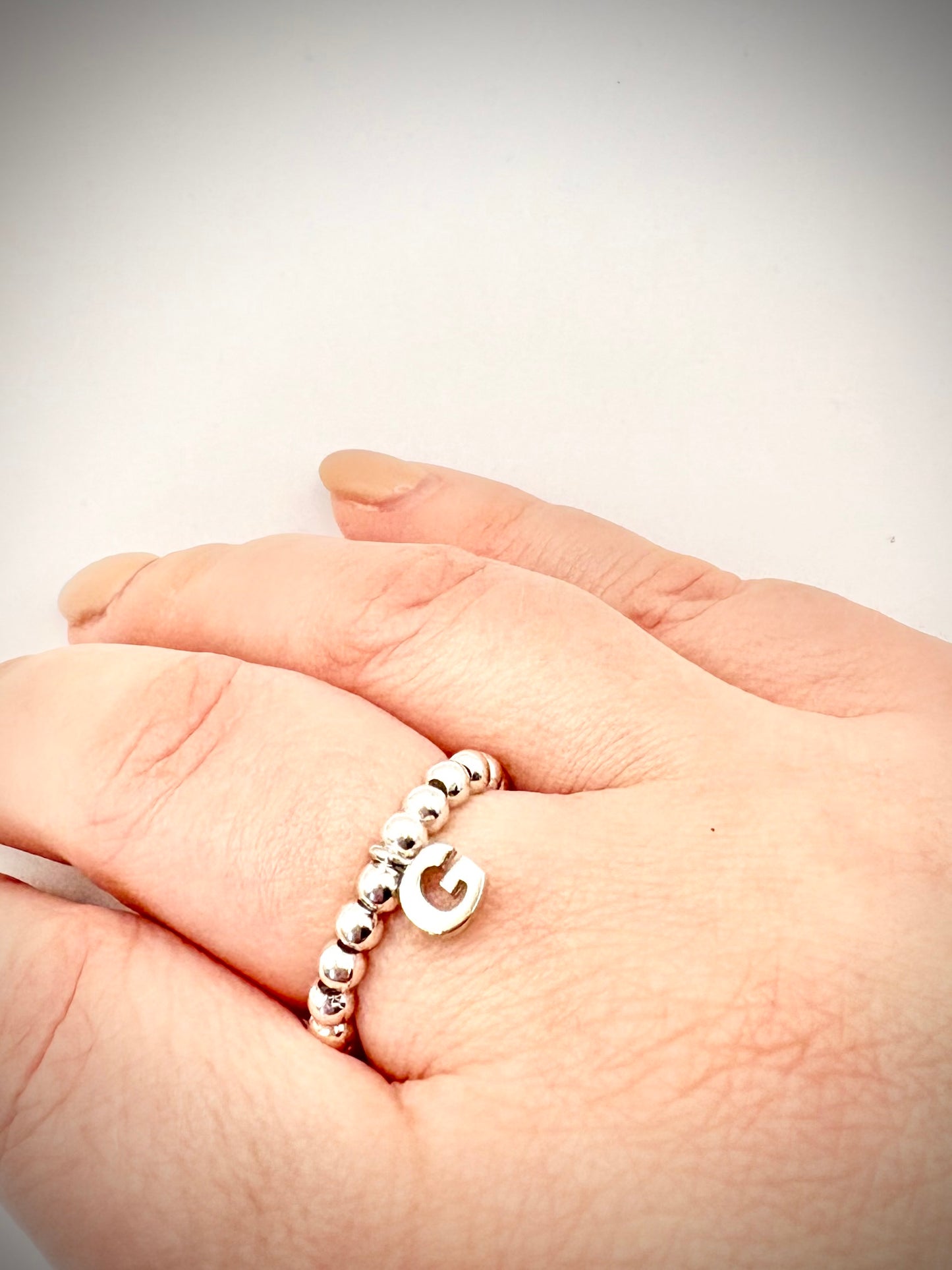 Beaded Stretch Ring with Initial - Gold or Silver-Plated