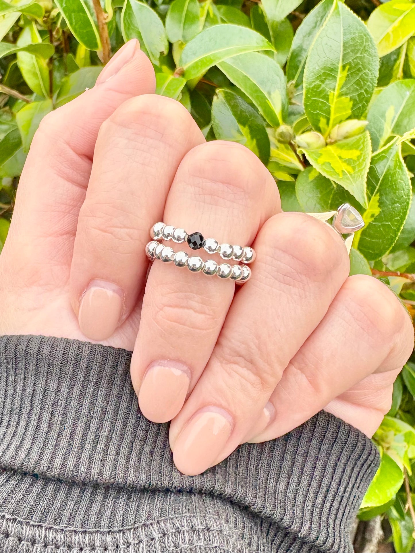 Luxe 925 Sterling Silver 3mm Beaded Stretch Ring With Black Tourmaline - Perfect For Stacking