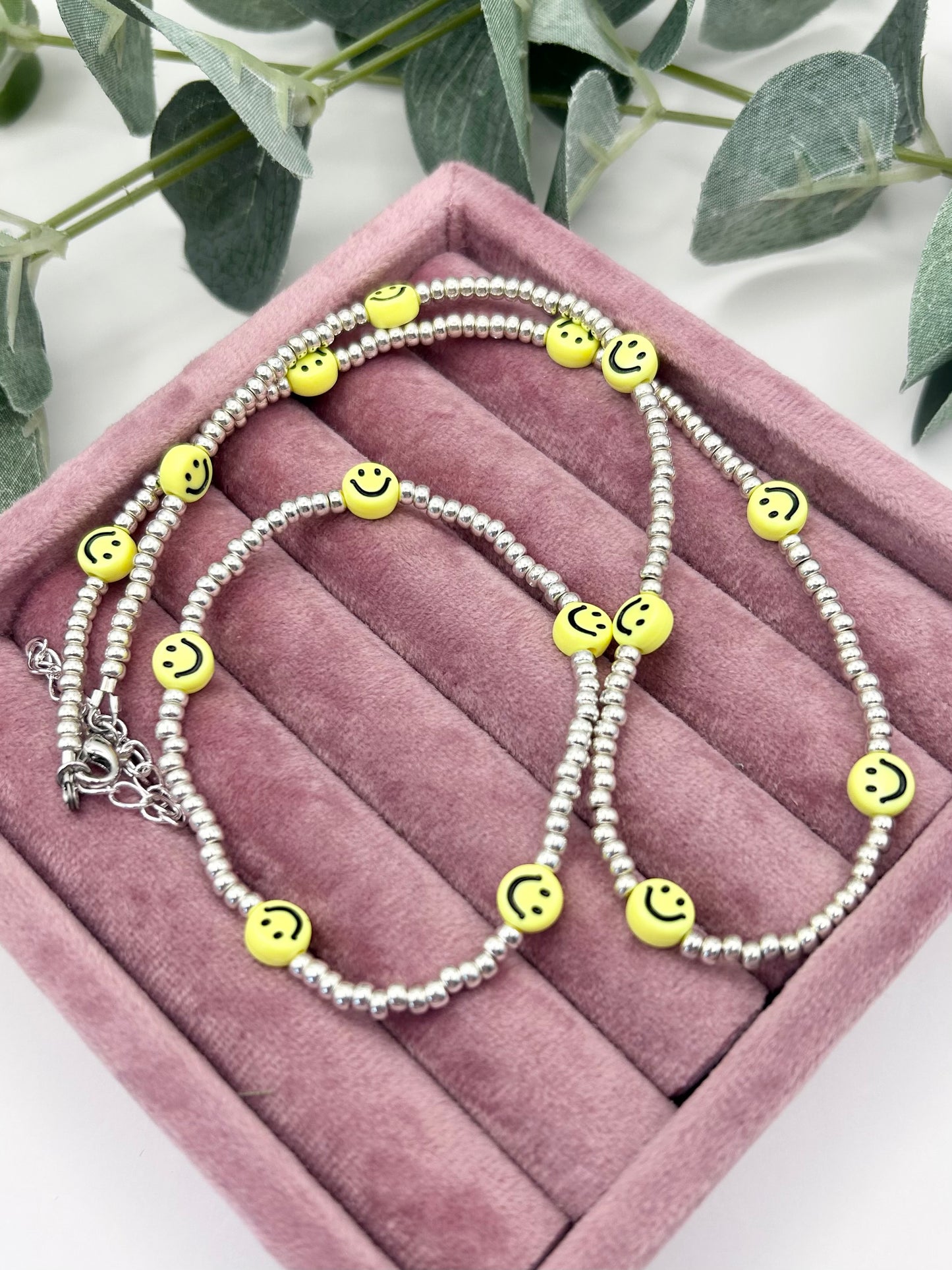 Smiley Face Seed Bead Necklace Silver or Gold-Plated