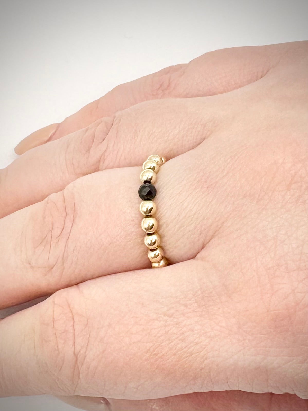 Luxe 14k Gold-filled 3mm Beaded Stretch Ring With Black Tourmaline - Perfect For Stacking
