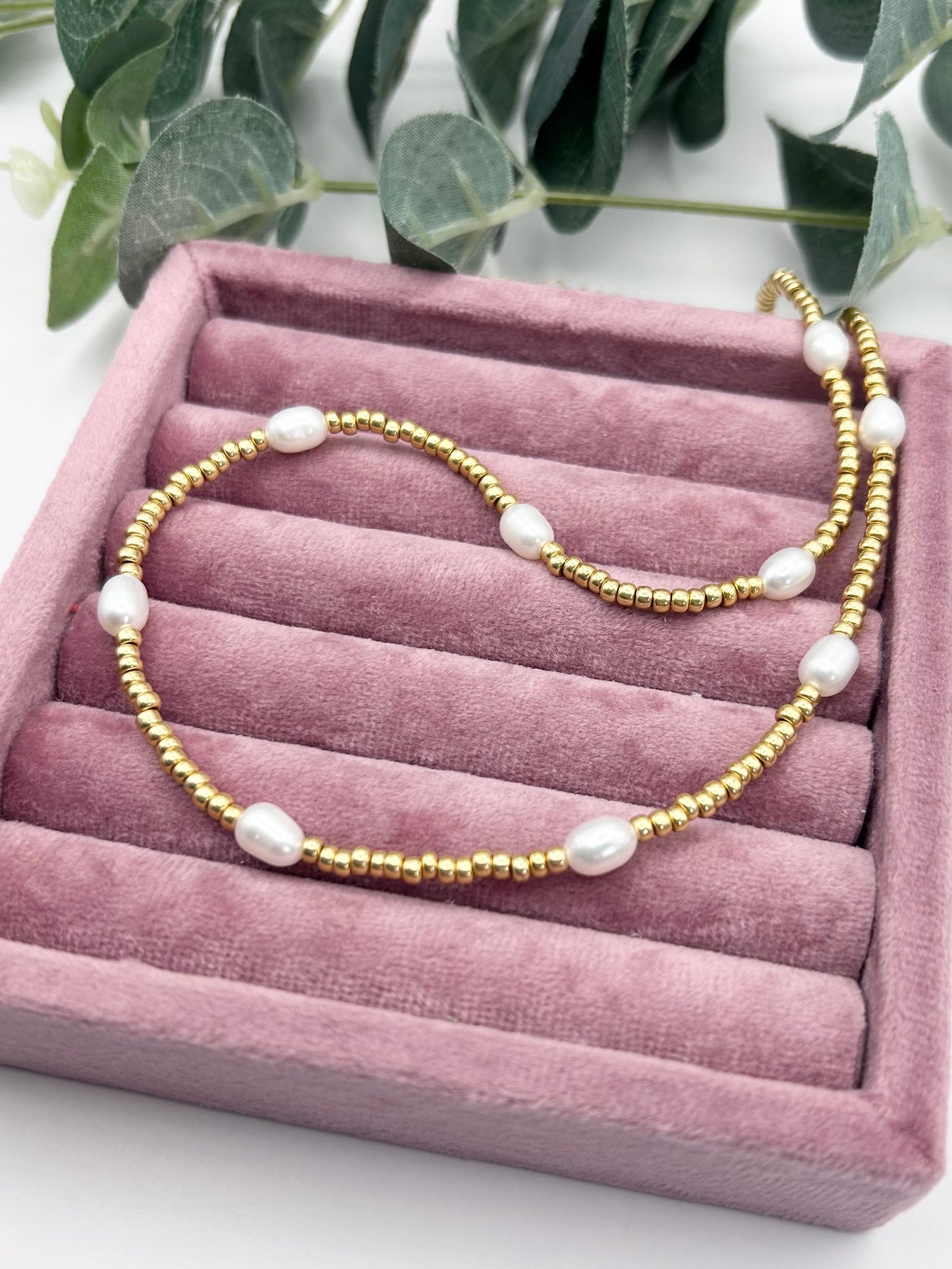 Seed Bead Freshwater Pearl Necklace Gold or Silver-Plated
