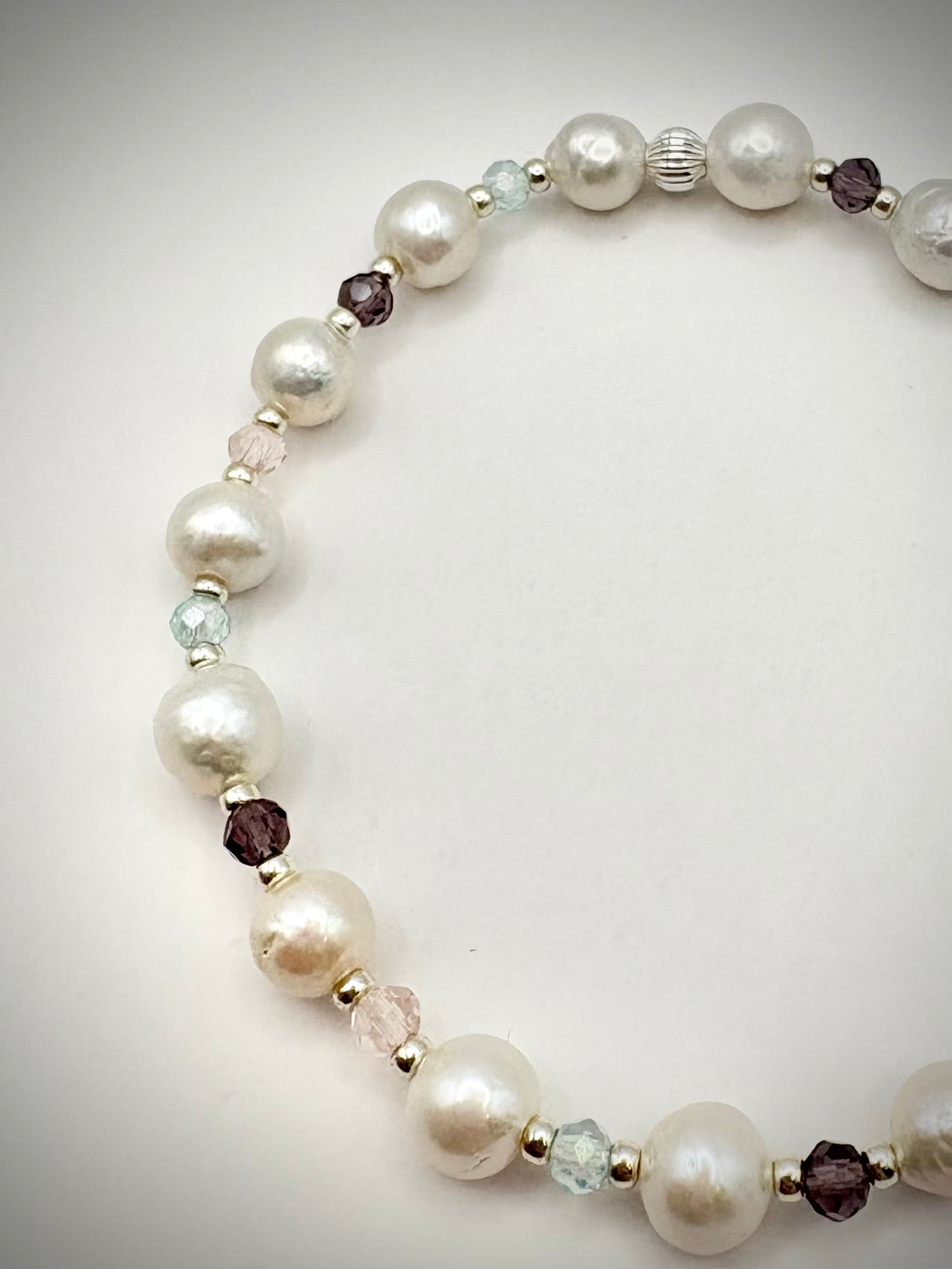 Freshwater Pearl & Crystal Beaded Bracelet - 925 Sterling Silver Clasp or Stretch
