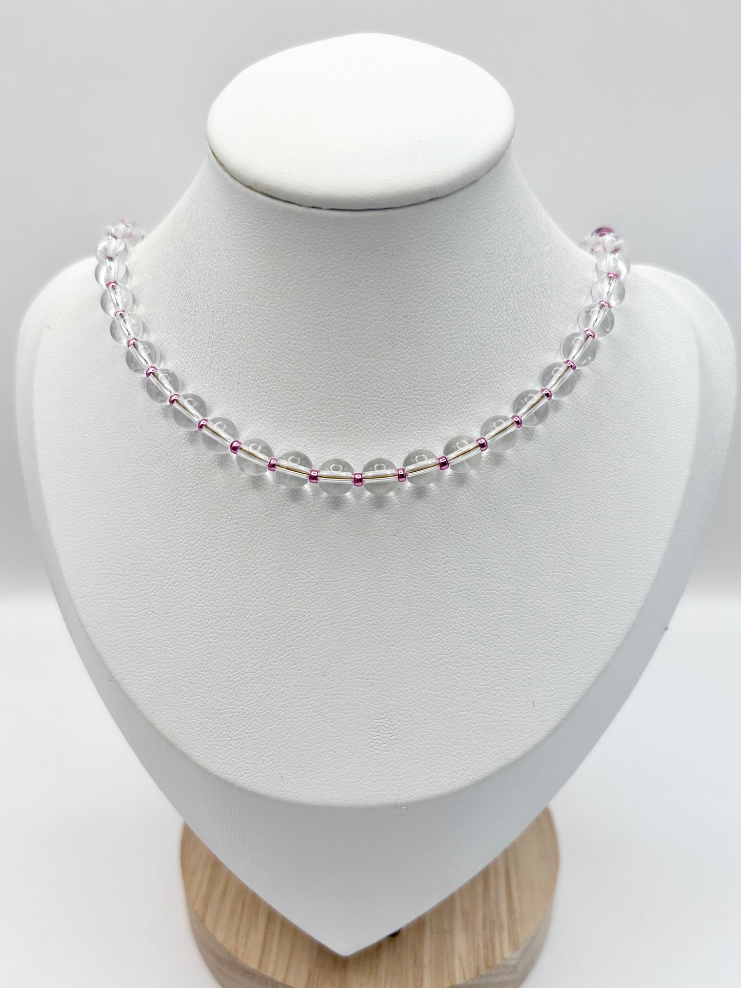Clear glass and pink seed beaded necklace - SALE