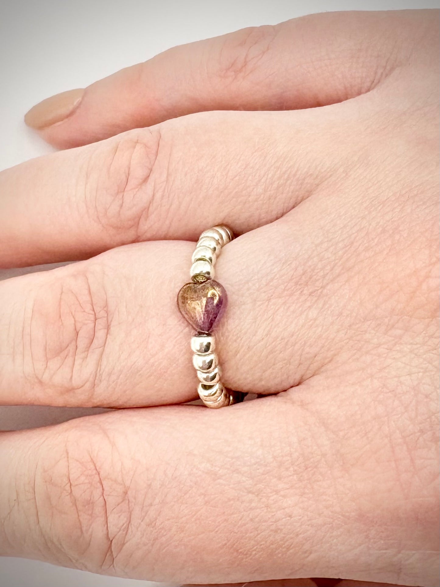Silver 3mm Seed Beaded Stretch Ring with Czech Glass Heart Bead - Perfect For Stacking