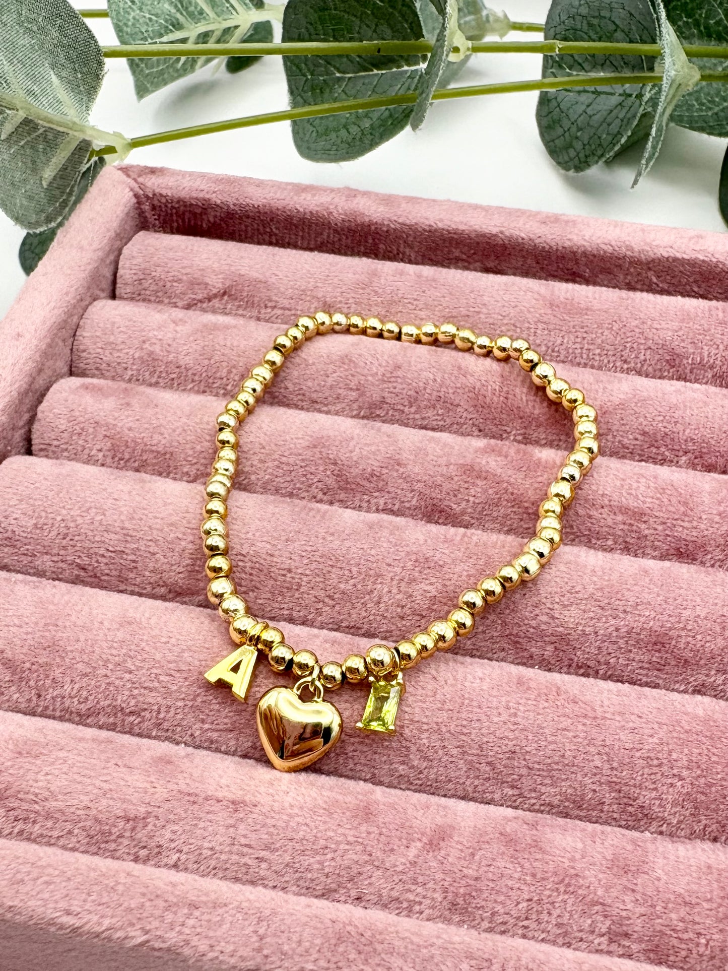 Personalised Birthstone, Initial & Heart Beaded Bracelet