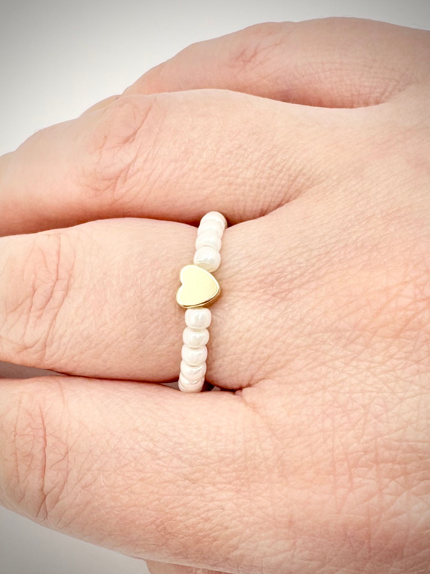 Pearl 3mm Seed Beaded Stretch Ring with Gold-Plated Heart Bead - Perfect For Stacking
