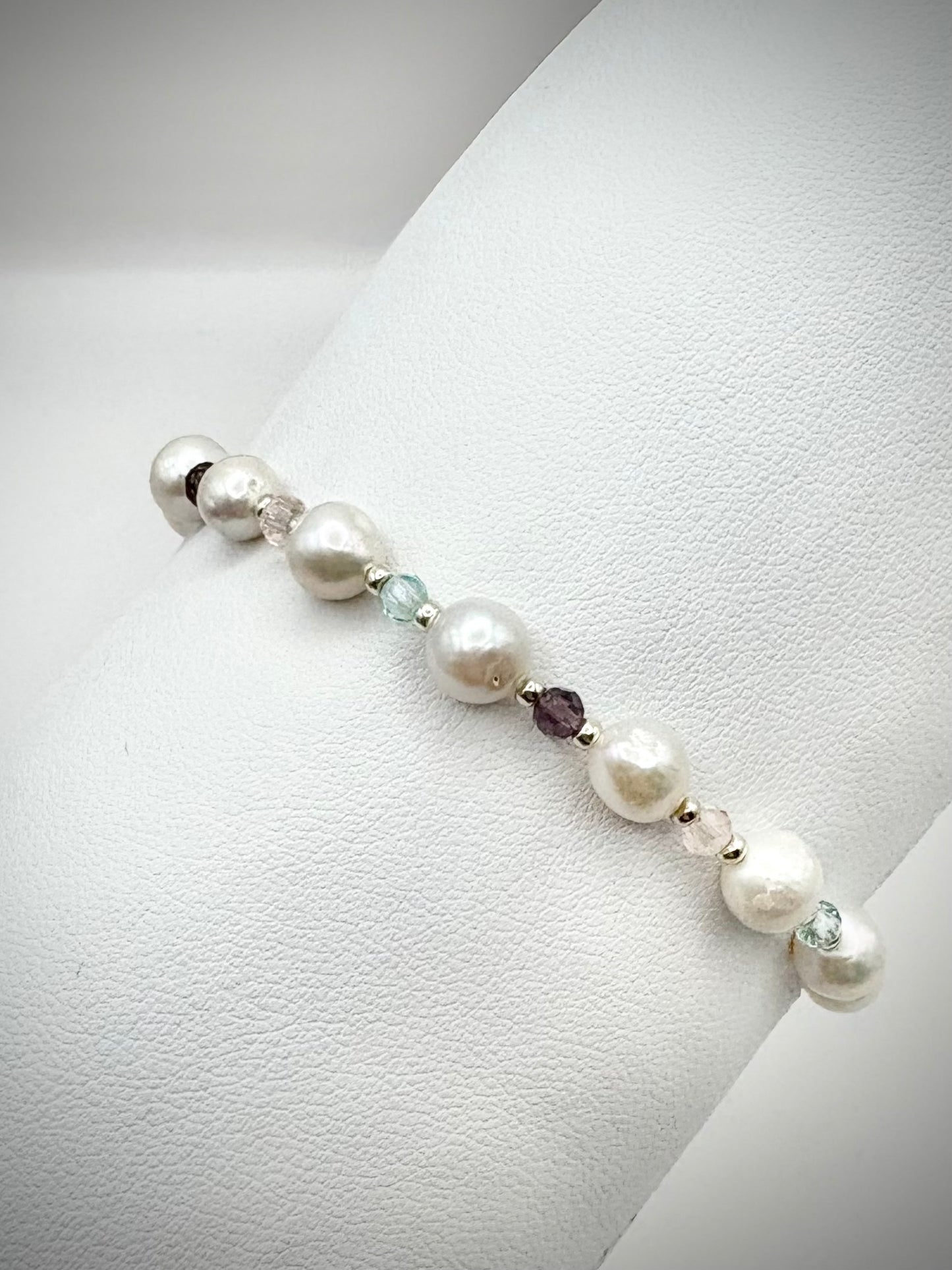 Freshwater Pearl & Crystal Beaded Bracelet - 925 Sterling Silver Clasp or Stretch