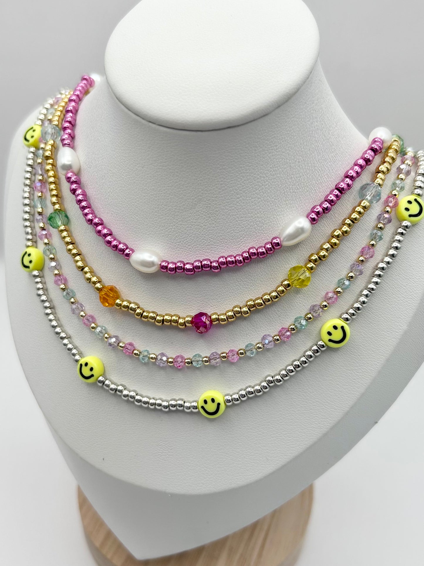 Smiley Face Seed Bead Necklace Silver or Gold-Plated