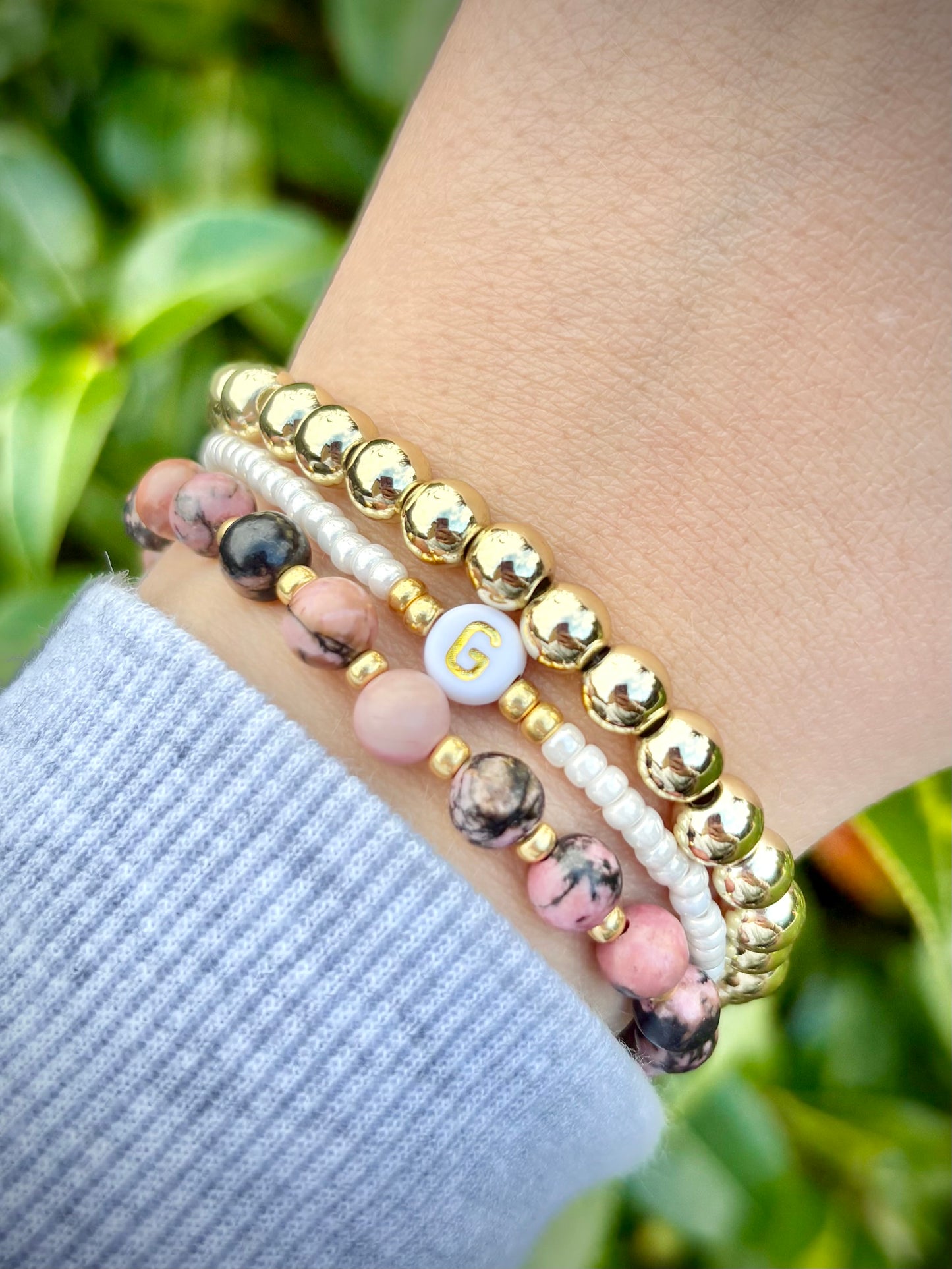 Rhodonite Gemstone and Gold Seed Beaded Stretch Bracelet