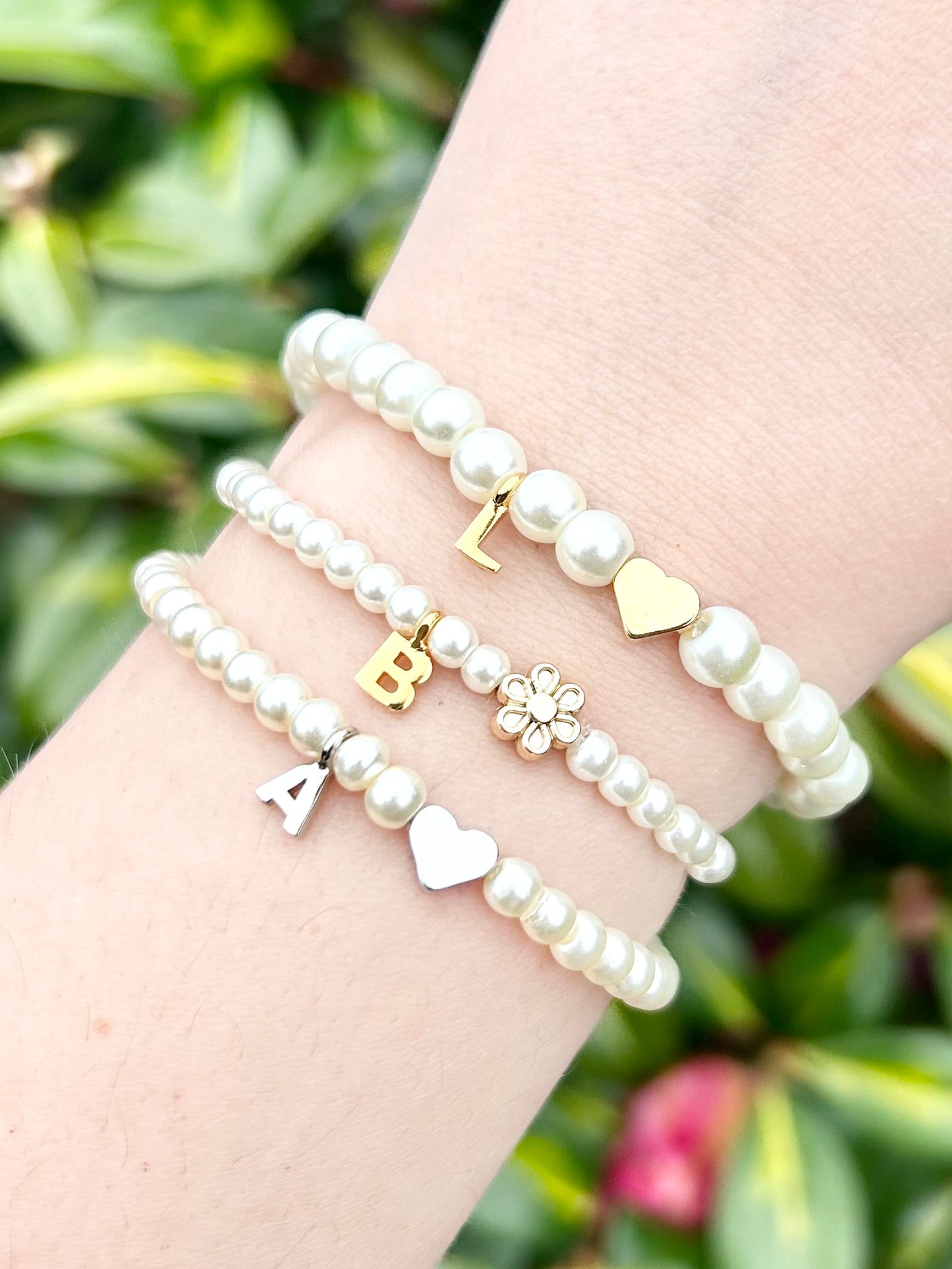 Personalised Pearl Flower Girl or Bridesmaid Bracelet Silver or Gold-Plated