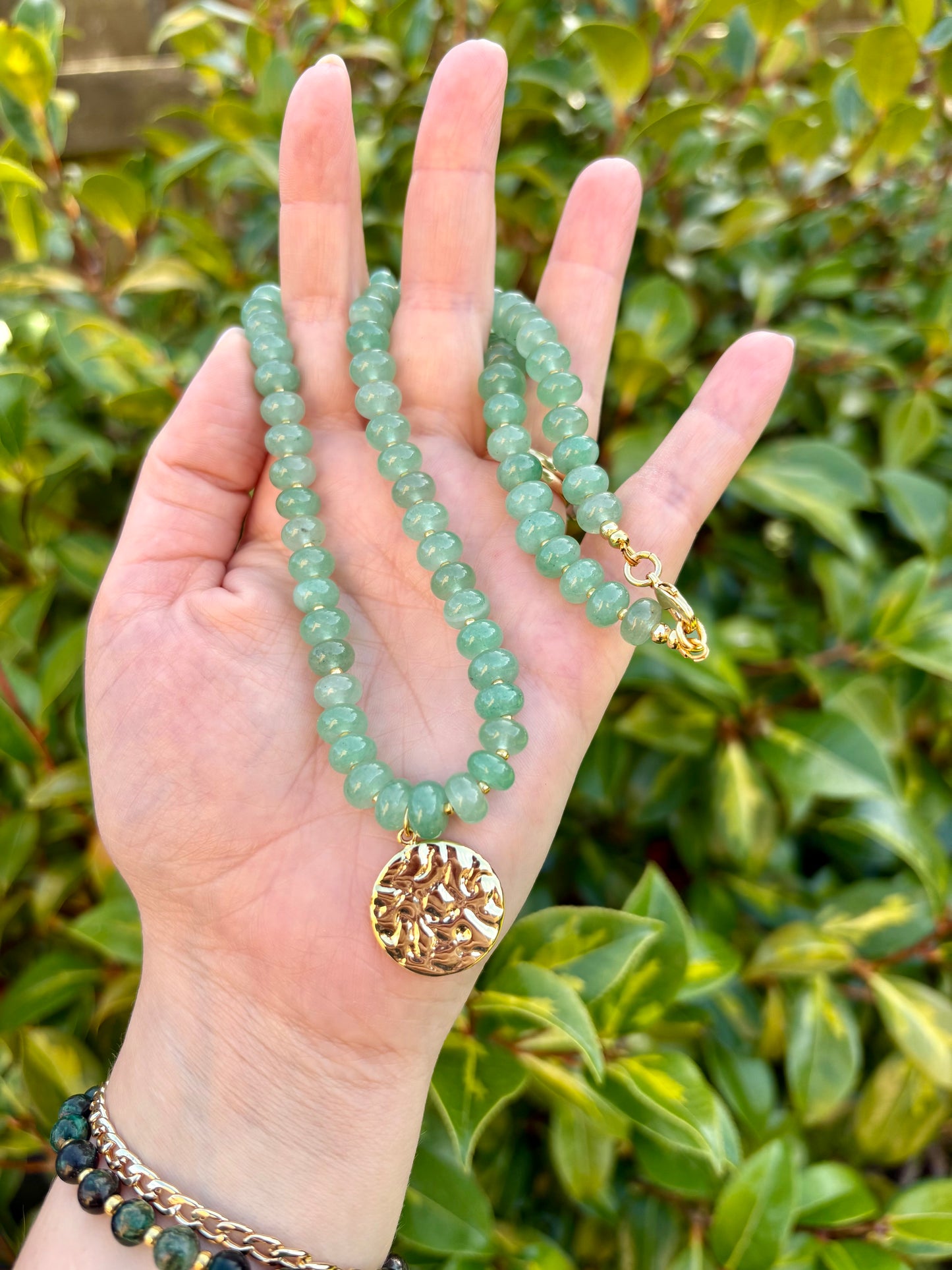 Green Aventurine Rondelle Gemstone Necklace With Disc Charm