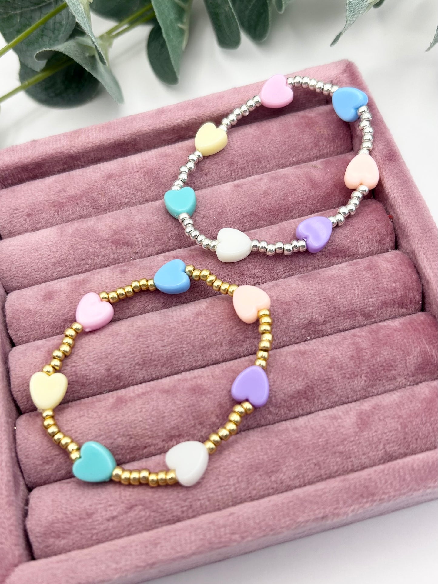 Pastel Heart Charm Seed Bead Bracelet Kids - Gold or Silver