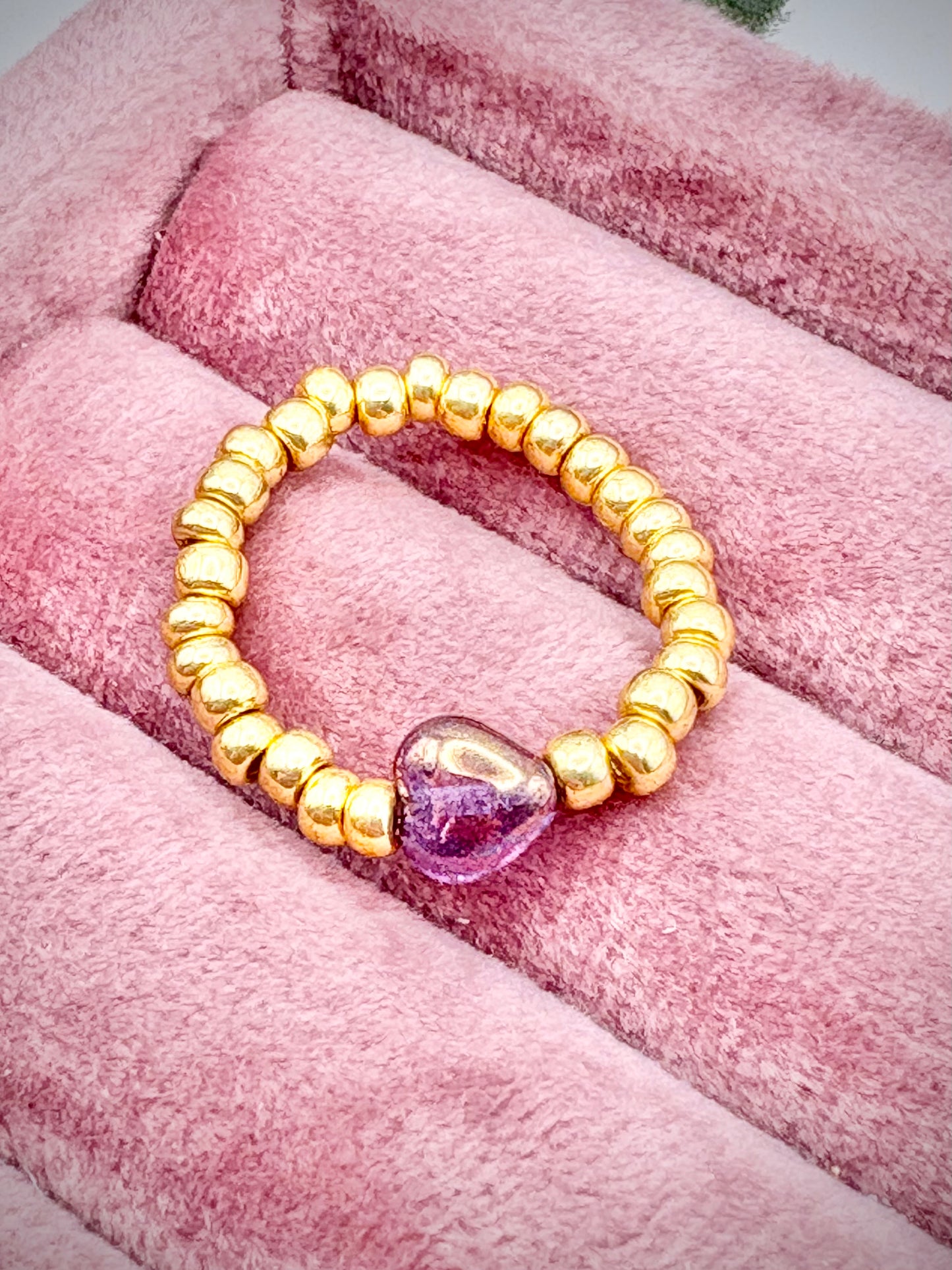 Gold 3mm Seed Beaded Stretch Ring with Czech Glass Heart Bead - Perfect For Stacking