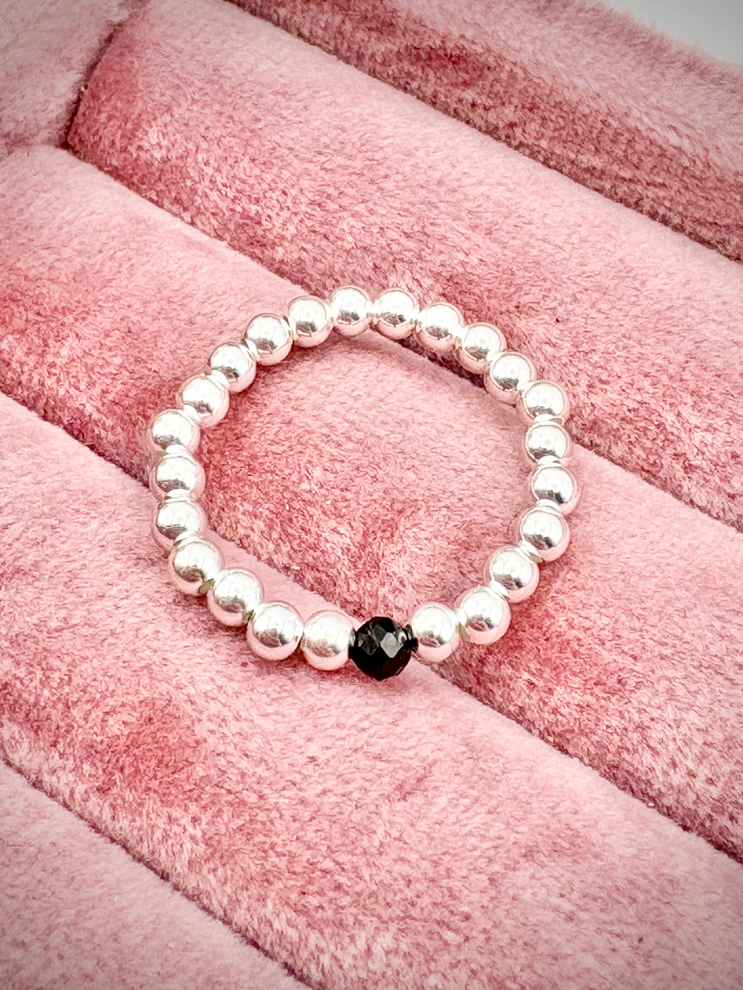 Luxe 925 Sterling Silver 3mm Beaded Stretch Ring With Black Tourmaline - Perfect For Stacking
