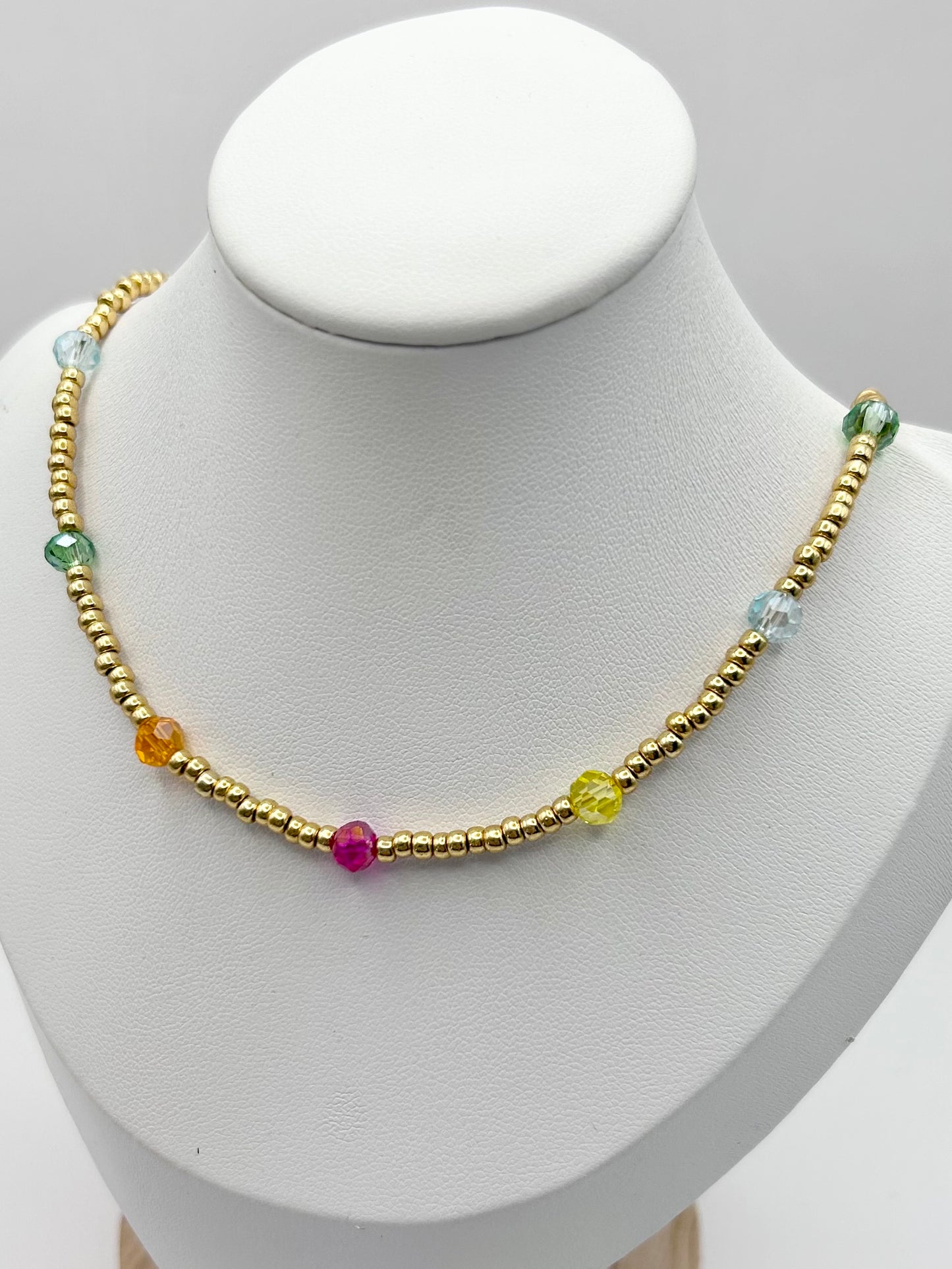 Dainty Rainbow Crystal Seed Bead Necklace Gold-Plated