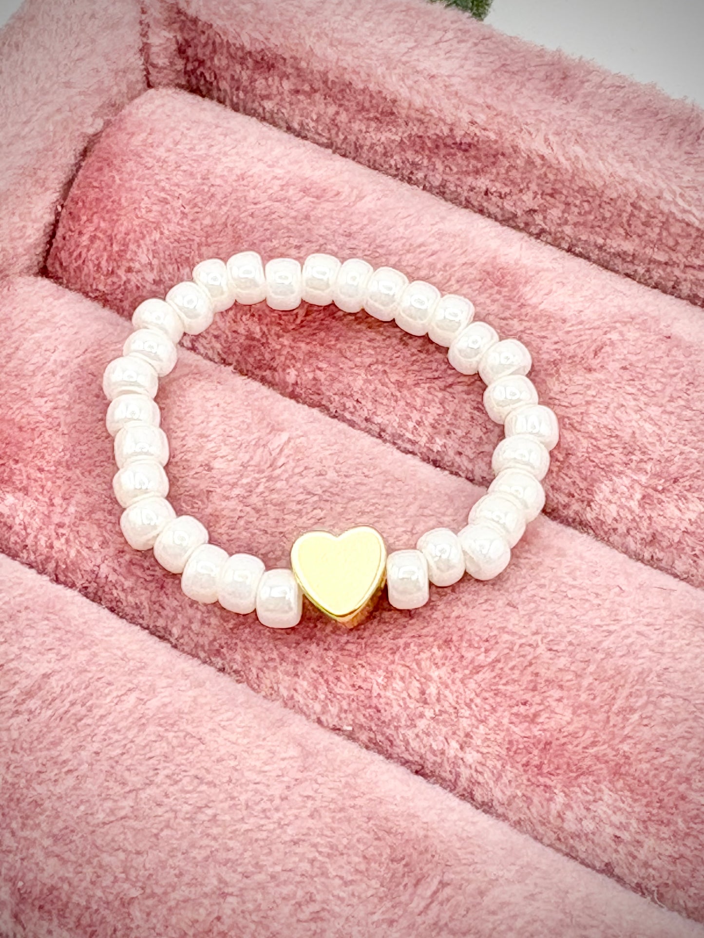 Pearl 3mm Seed Beaded Stretch Ring with Gold-Plated Heart Bead - Perfect For Stacking