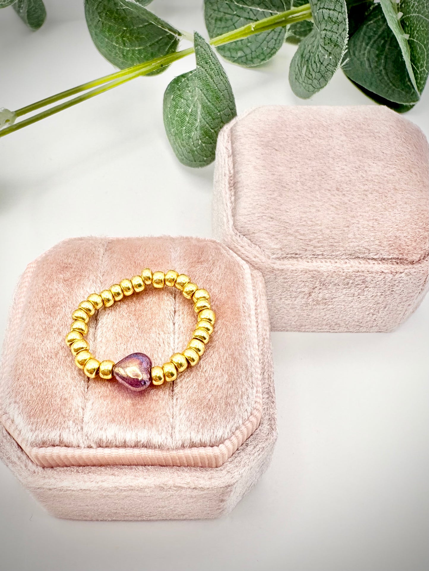Gold 3mm Seed Beaded Stretch Ring with Czech Glass Heart Bead - Perfect For Stacking