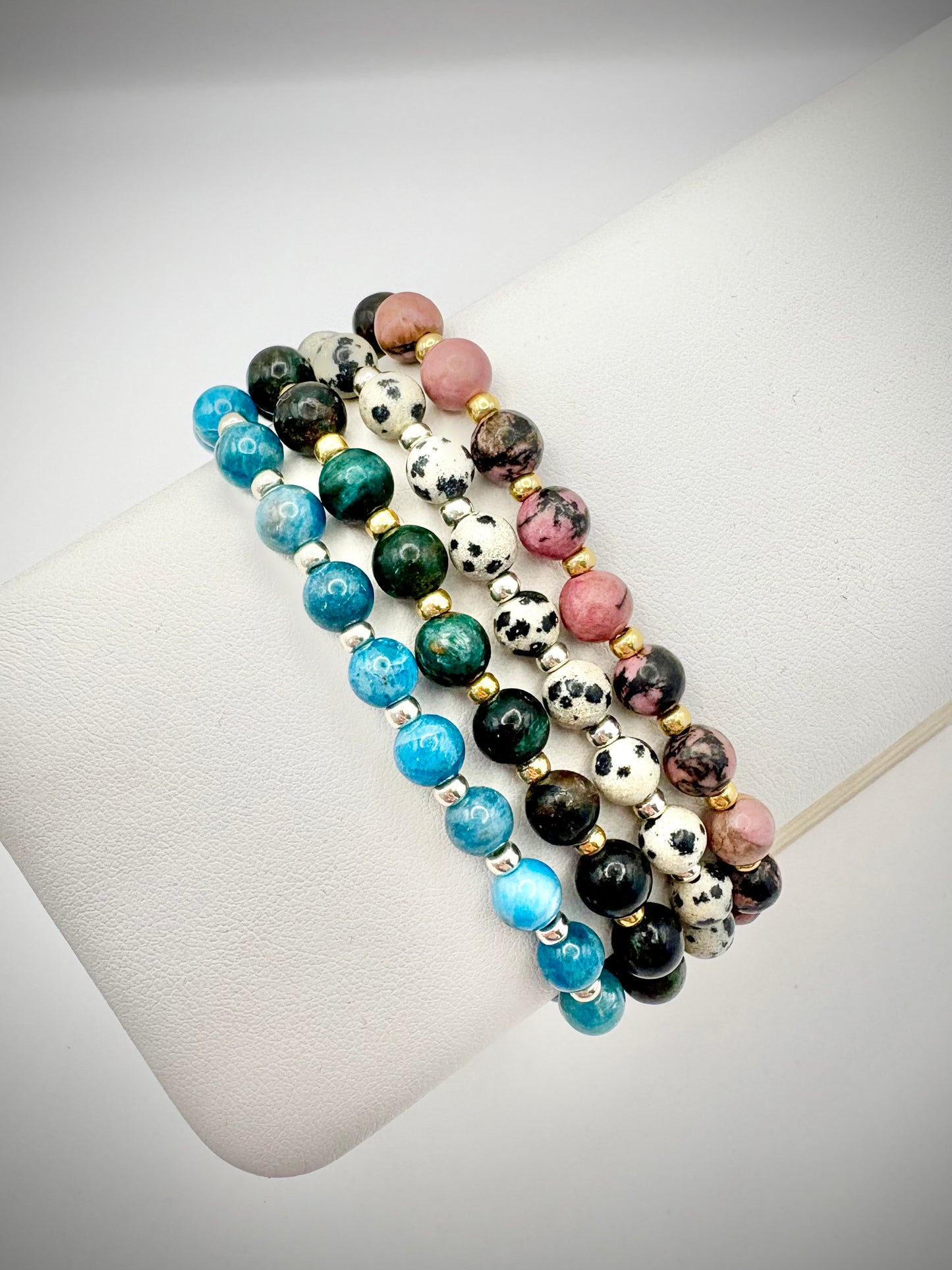 Apatite Gemstone and Silver Seed Beaded Stretch Bracelet
