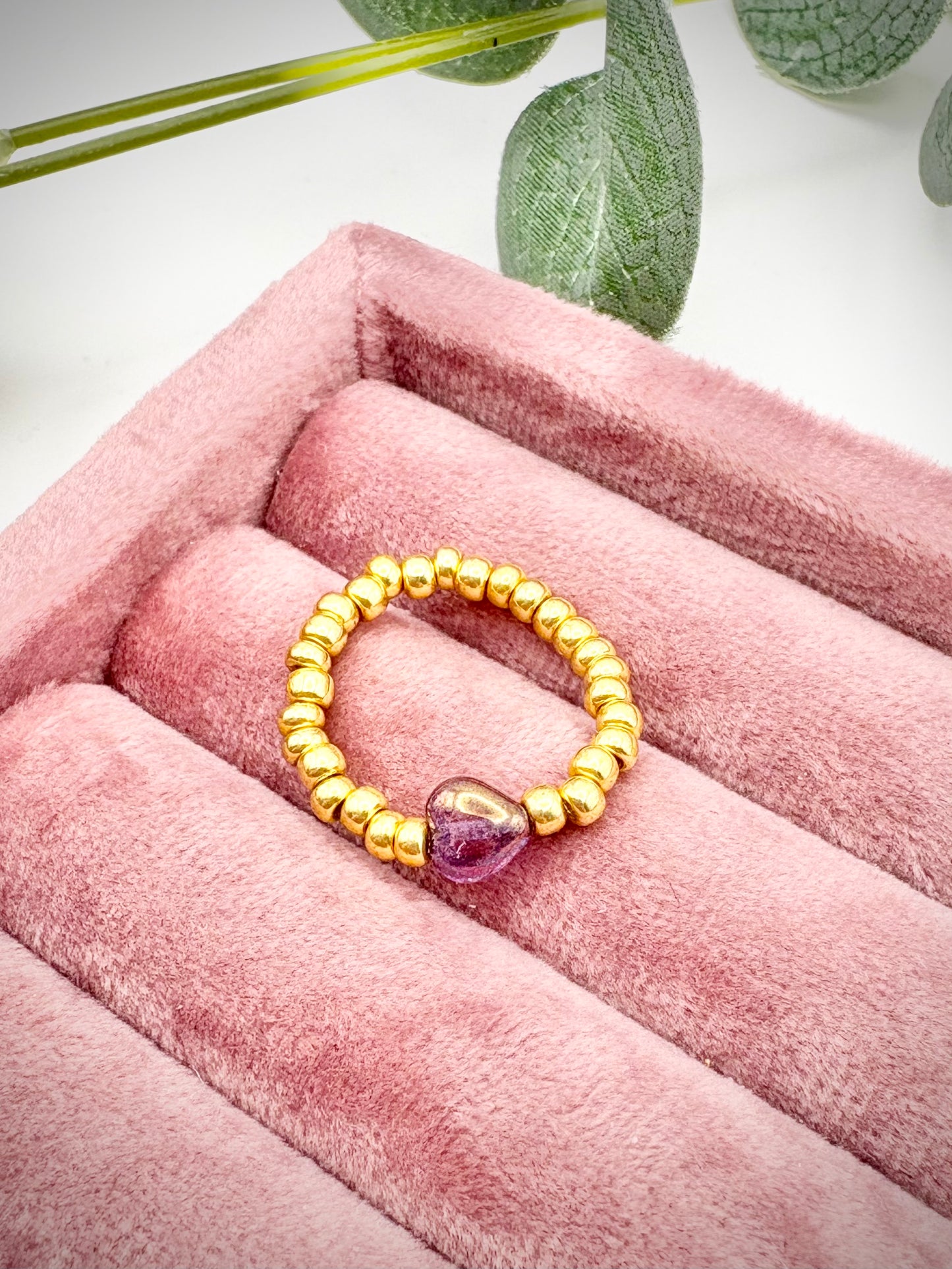 Gold 3mm Seed Beaded Stretch Ring with Czech Glass Heart Bead - Perfect For Stacking