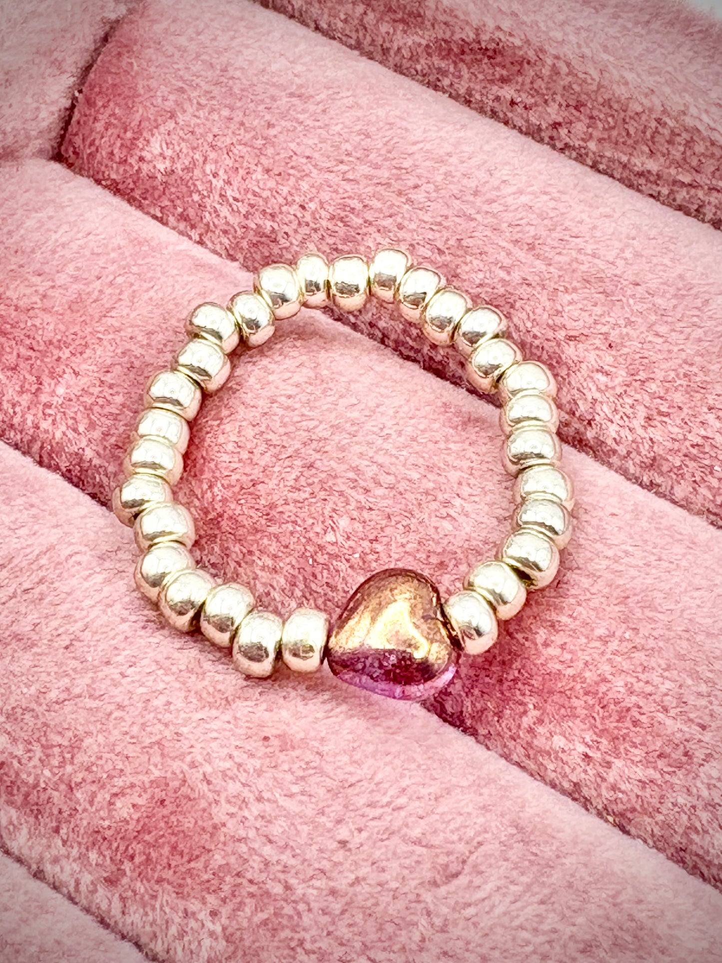 Silver 3mm Seed Beaded Stretch Ring with Czech Glass Heart Bead - Perfect For Stacking
