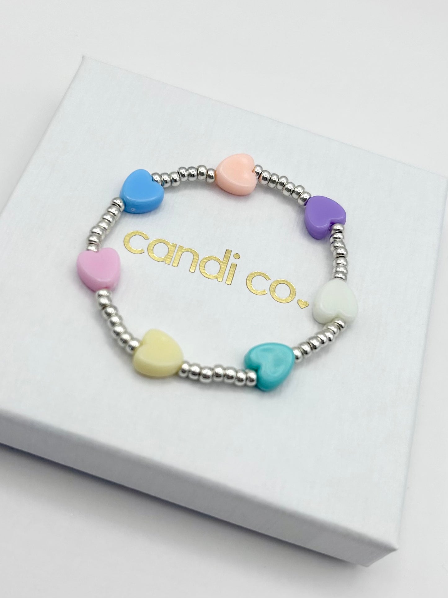 Pastel Heart Charm Seed Bead Bracelet Kids - Gold or Silver