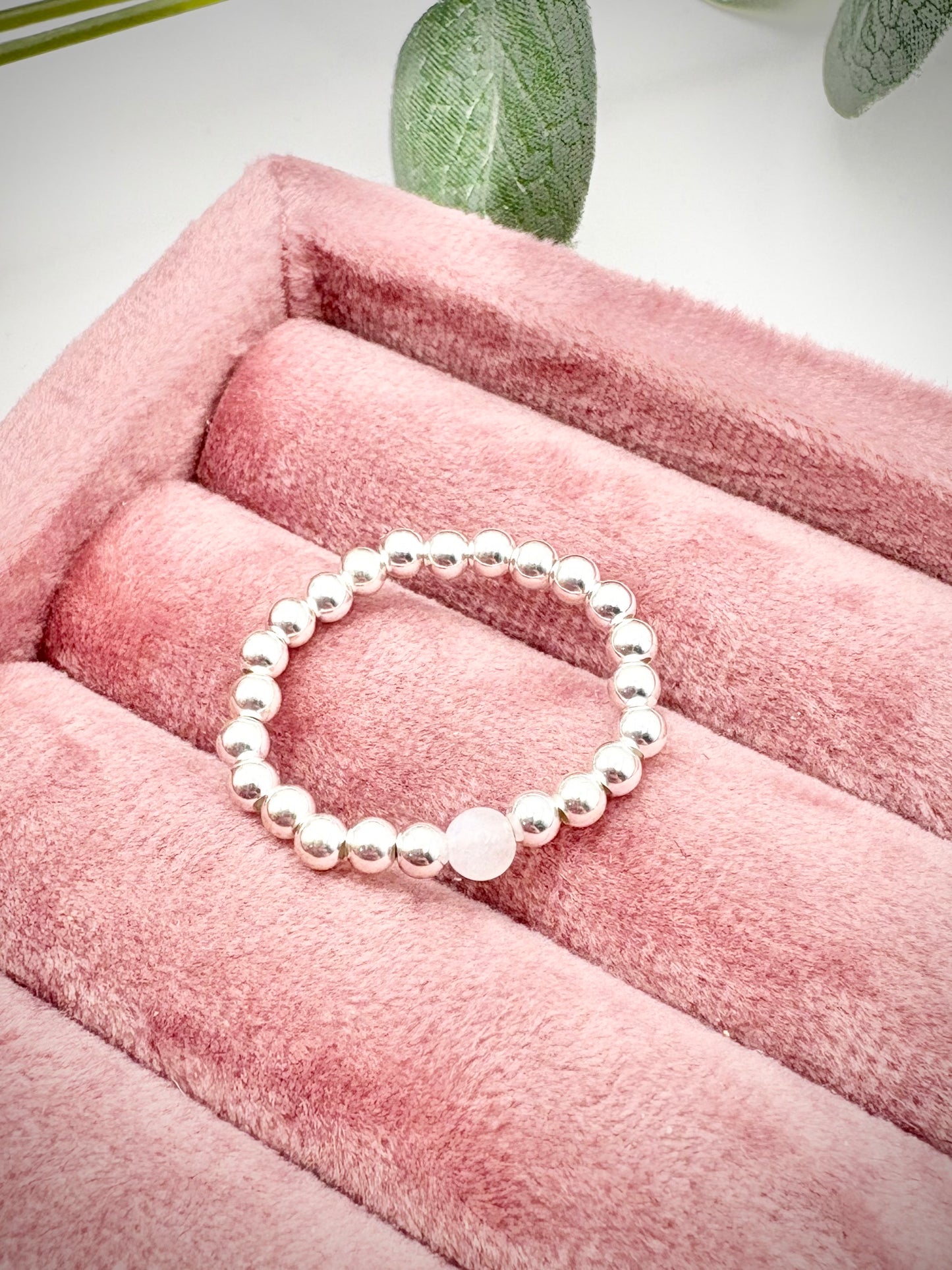 Luxe 925 Sterling Silver 3mm Beaded Stretch Ring With Moonstone - Perfect For Stacking