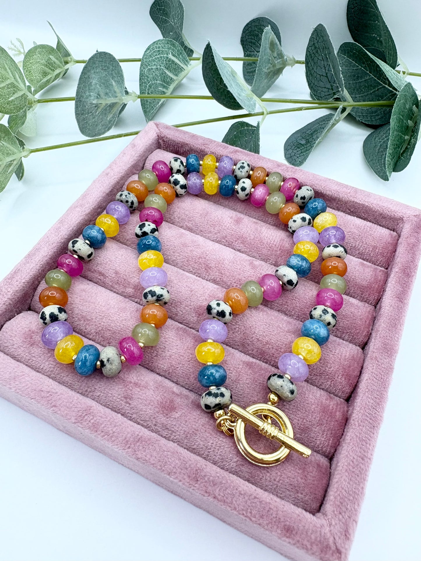 Rainbow Candy Gemstone Rondelle Beaded Toggle Clasp Necklace