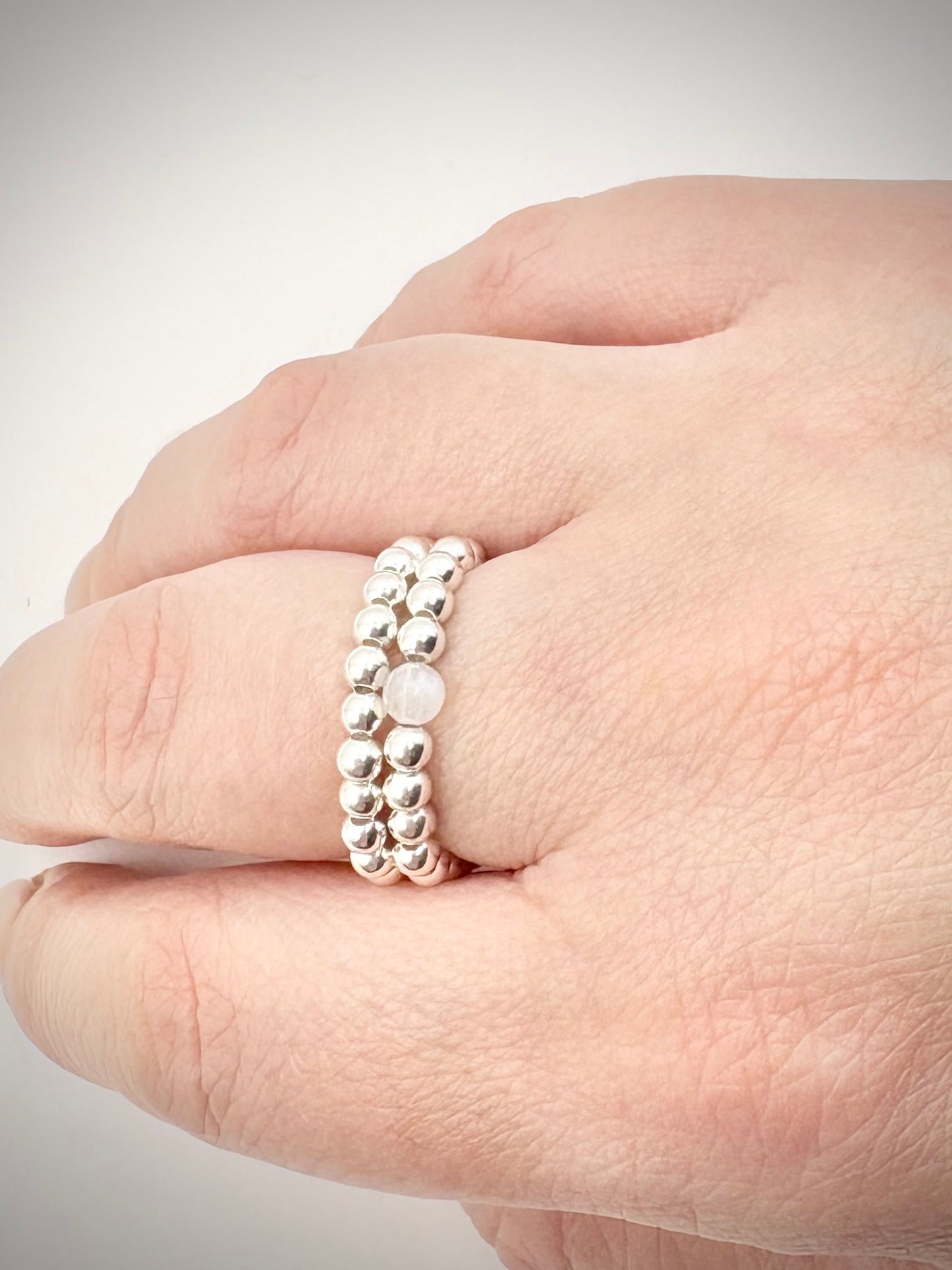 Luxe 925 Sterling Silver 3mm Beaded Stretch Ring With Moonstone - Perfect For Stacking