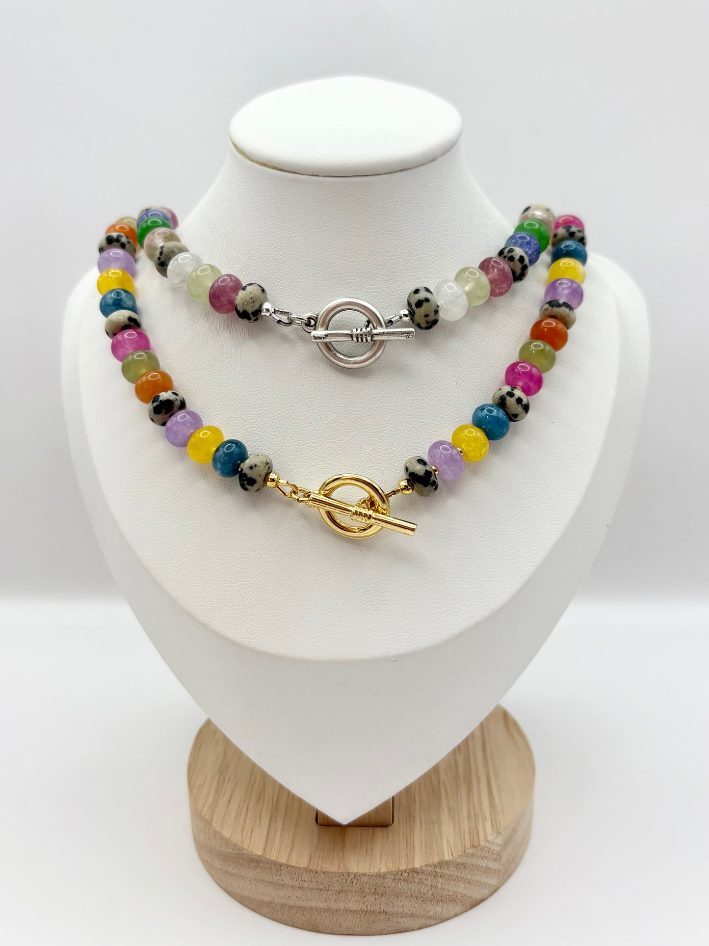 Rainbow Candy Gemstone Rondelle Beaded Toggle Clasp Necklace