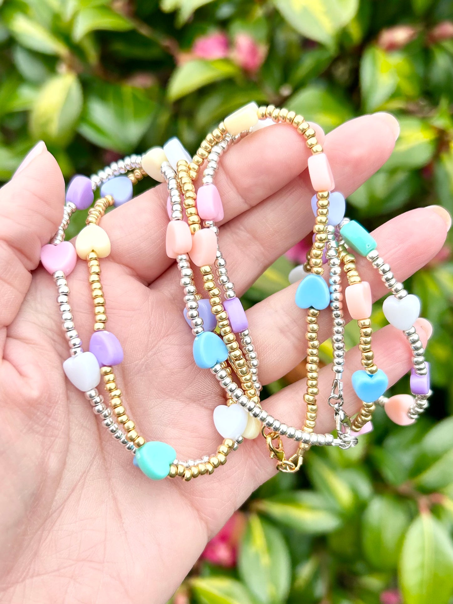 Pastel Heart Charm Seed Bead Necklace Kids - Gold or Silver