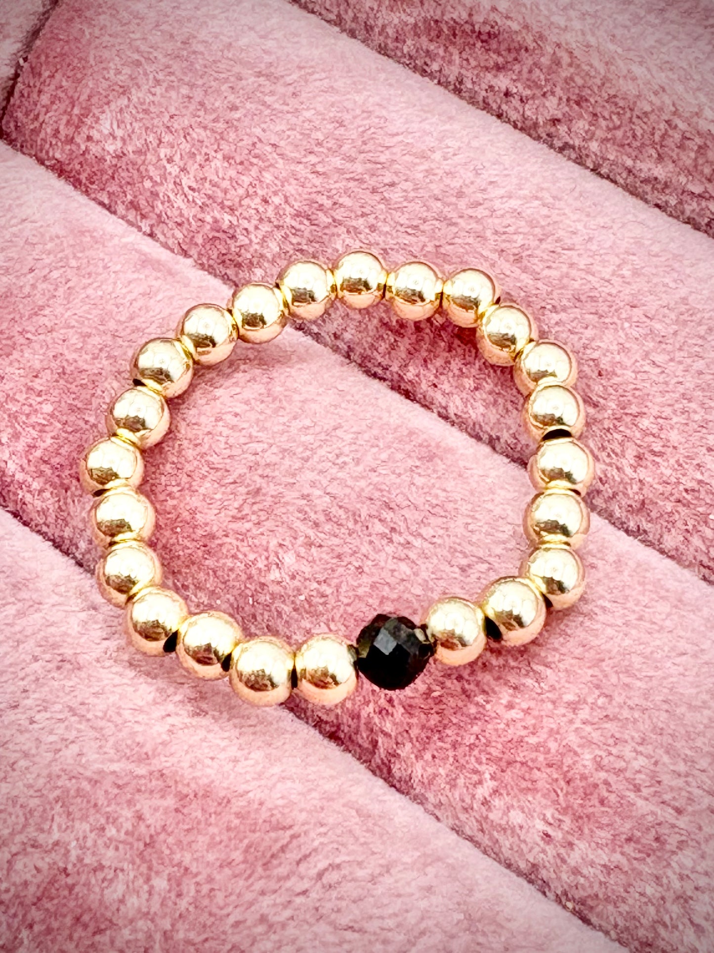 Luxe 14k Gold-filled 3mm Beaded Stretch Ring With Black Tourmaline - Perfect For Stacking