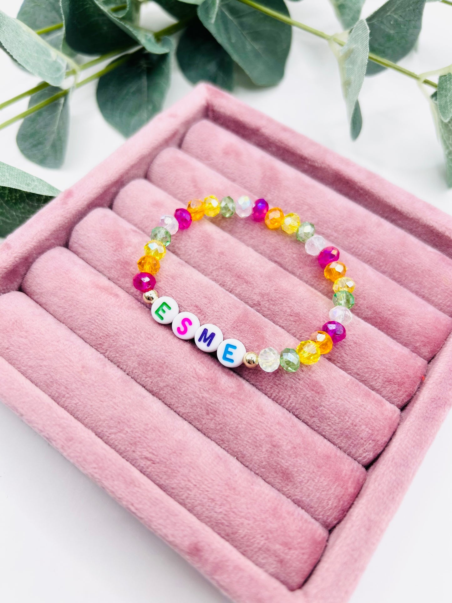 Rainbow Crystal Personalised Name Bracelet Kids - Gold
