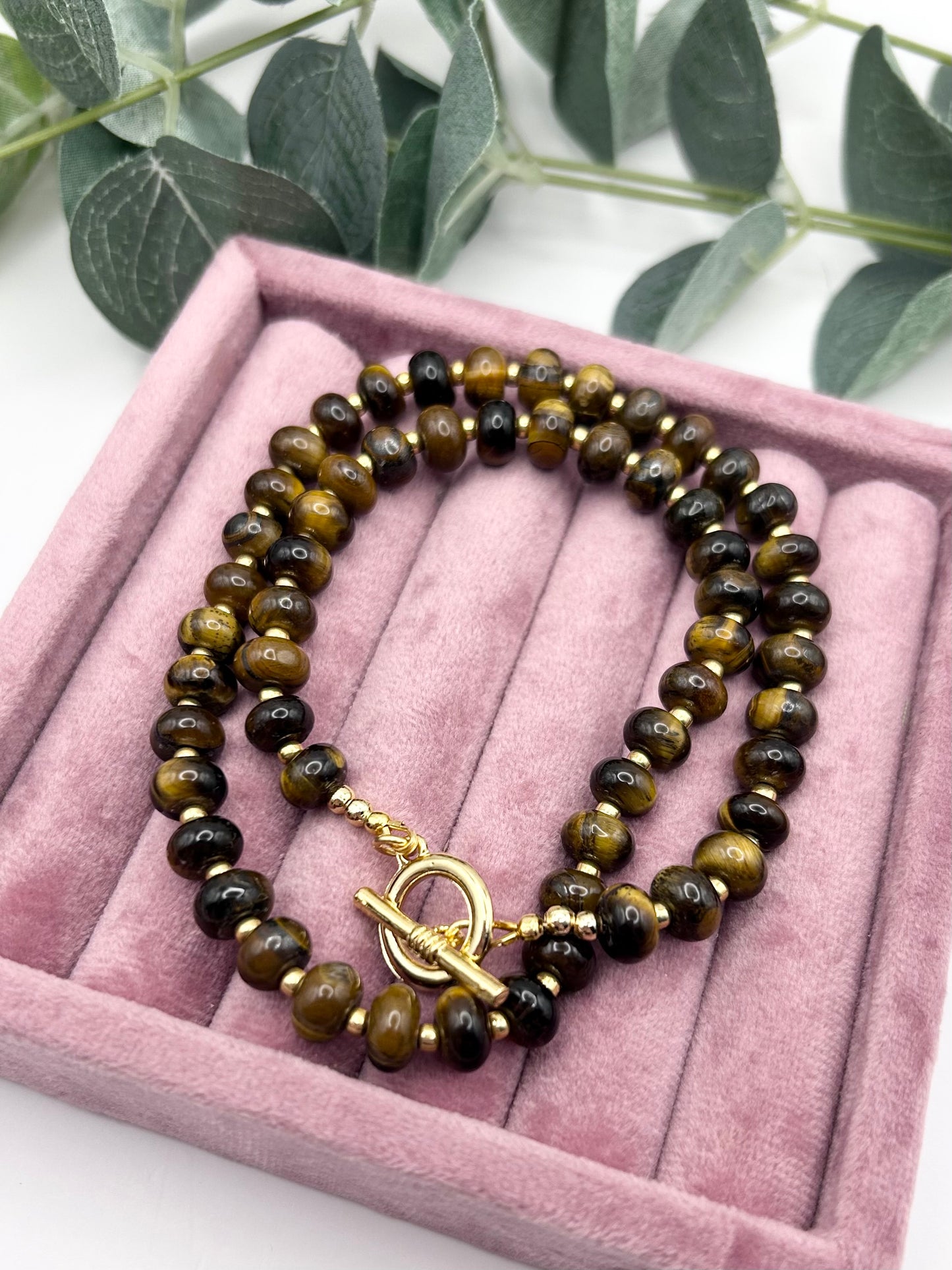 Tiger's Eye Rondelle Beaded Gemstone Necklace With Toggle Clasp - Gold-Plated