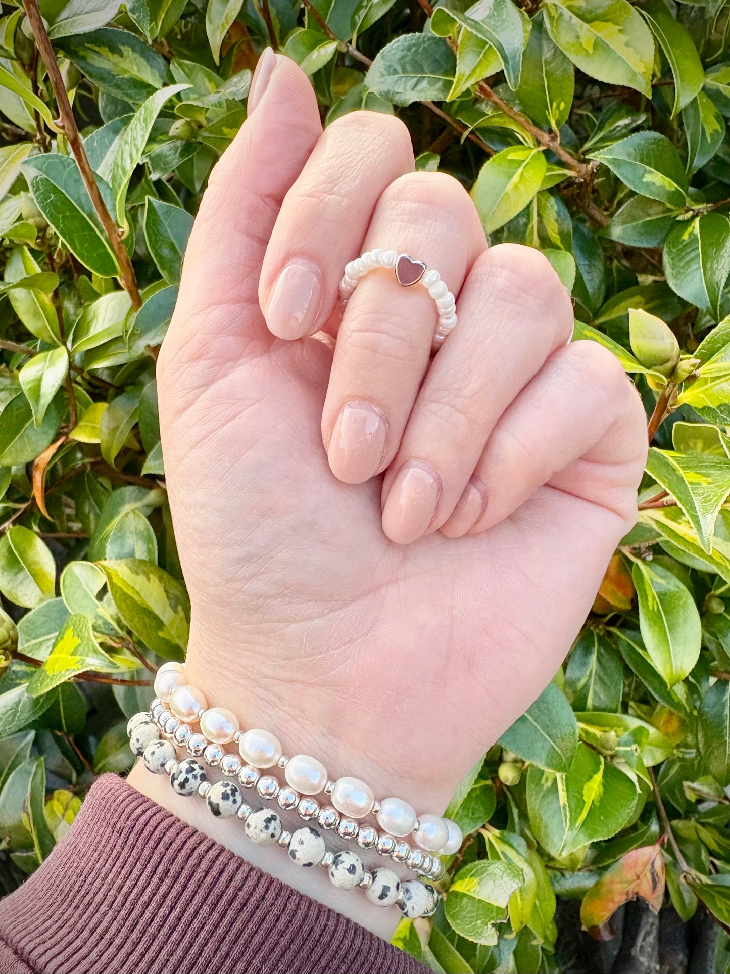 Pearl 3mm Seed Beaded Stretch Ring with Silver-Plated Heart Bead - Perfect For Stacking