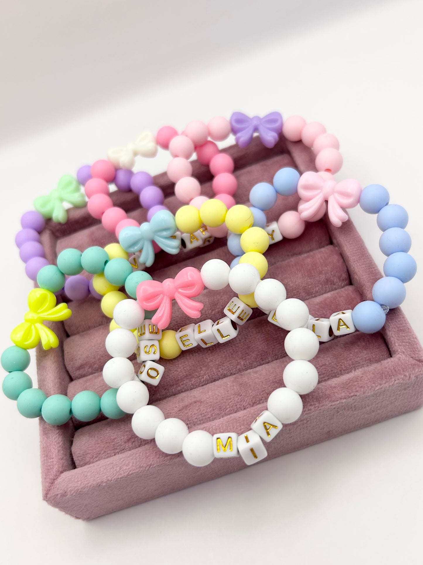 Beaded Bow Charm Personalised Name Bracelet Kids - Various