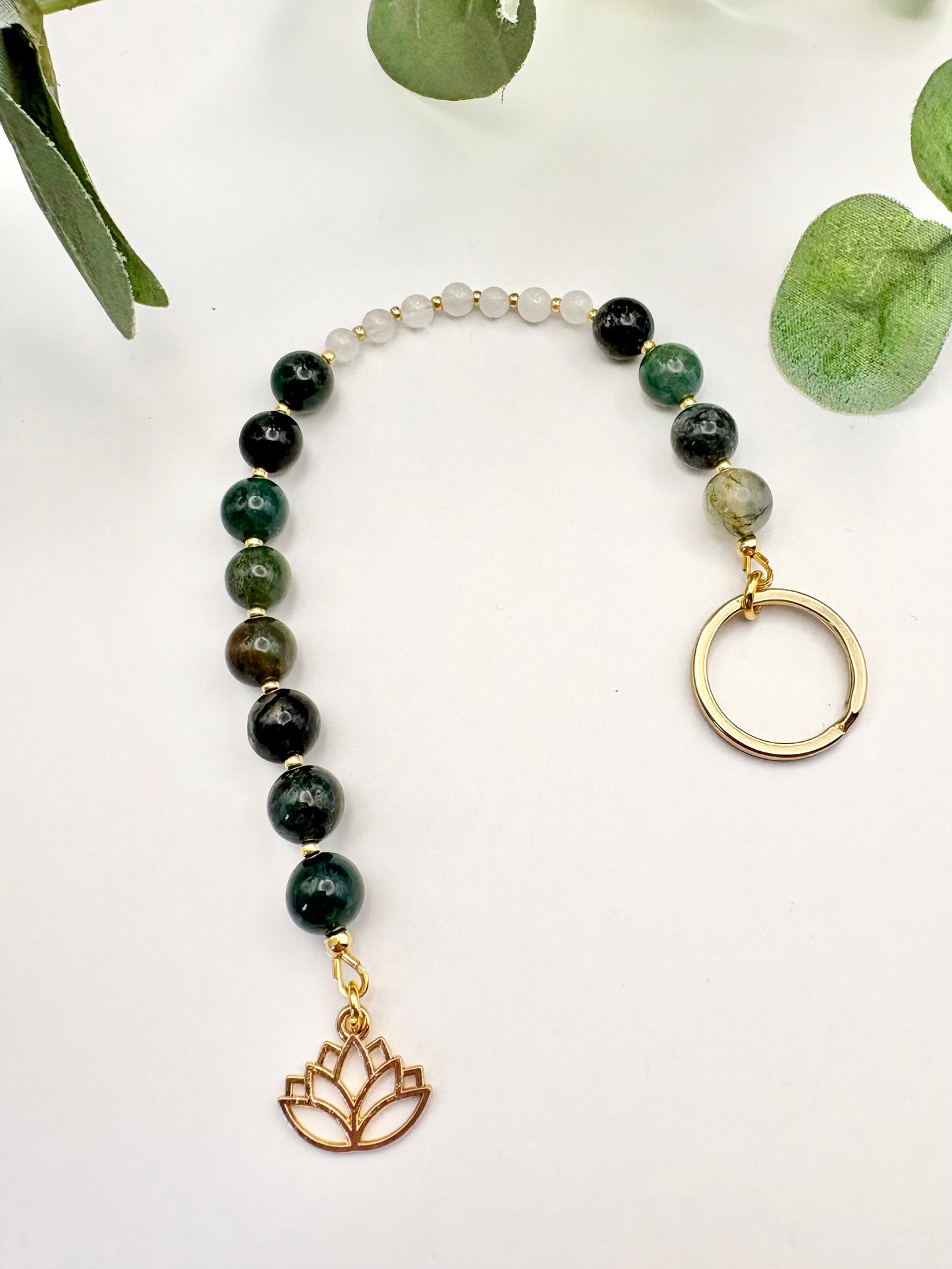 Breathing Beads Keyring - Green Moss Agate With White Jade