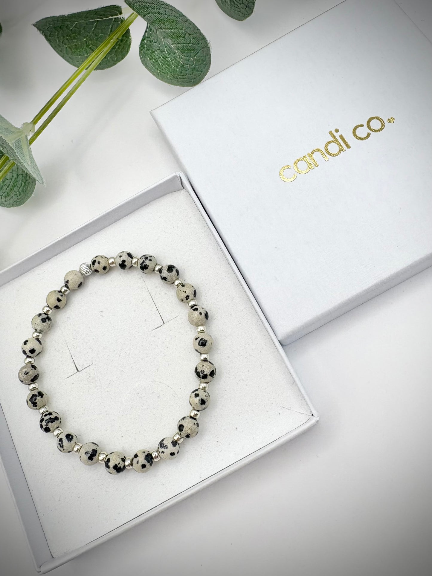 Dalmatian Jasper Gemstone and Silver Seed Beaded Stretch Bracelet
